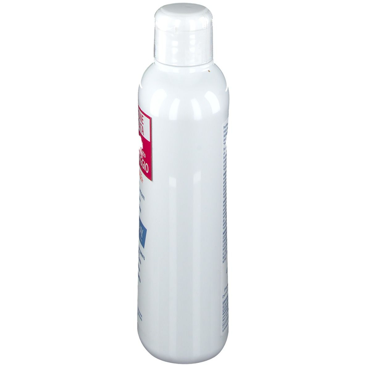 Flacone di shampoo bianco, vista laterale. Scritta illeggibile.