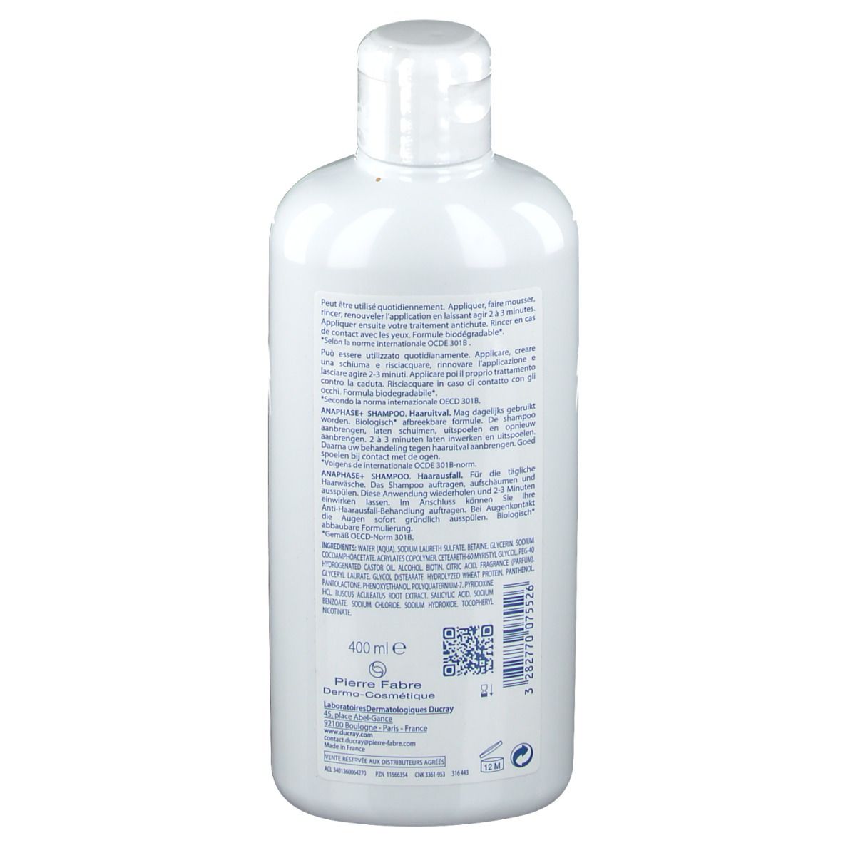 Retro di un flacone di shampoo bianco. Testo multilingue, 400 ml.