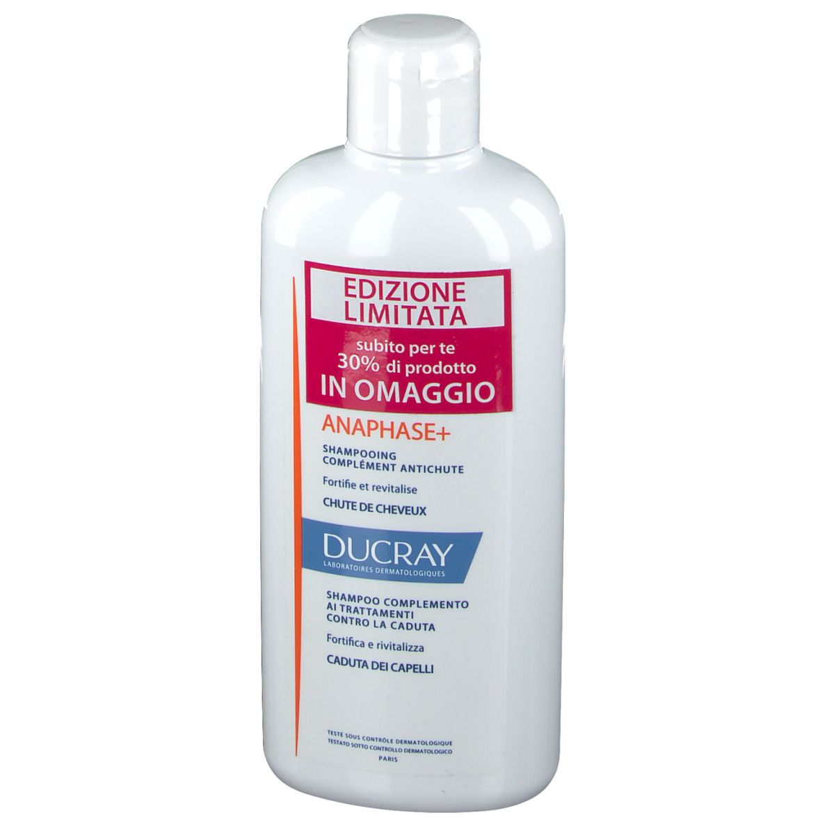 Flacone di shampoo bianco con etichetta rossa. Scritta: Edizione Limitata, ANAPHASE+ Shampoo, Ducray.