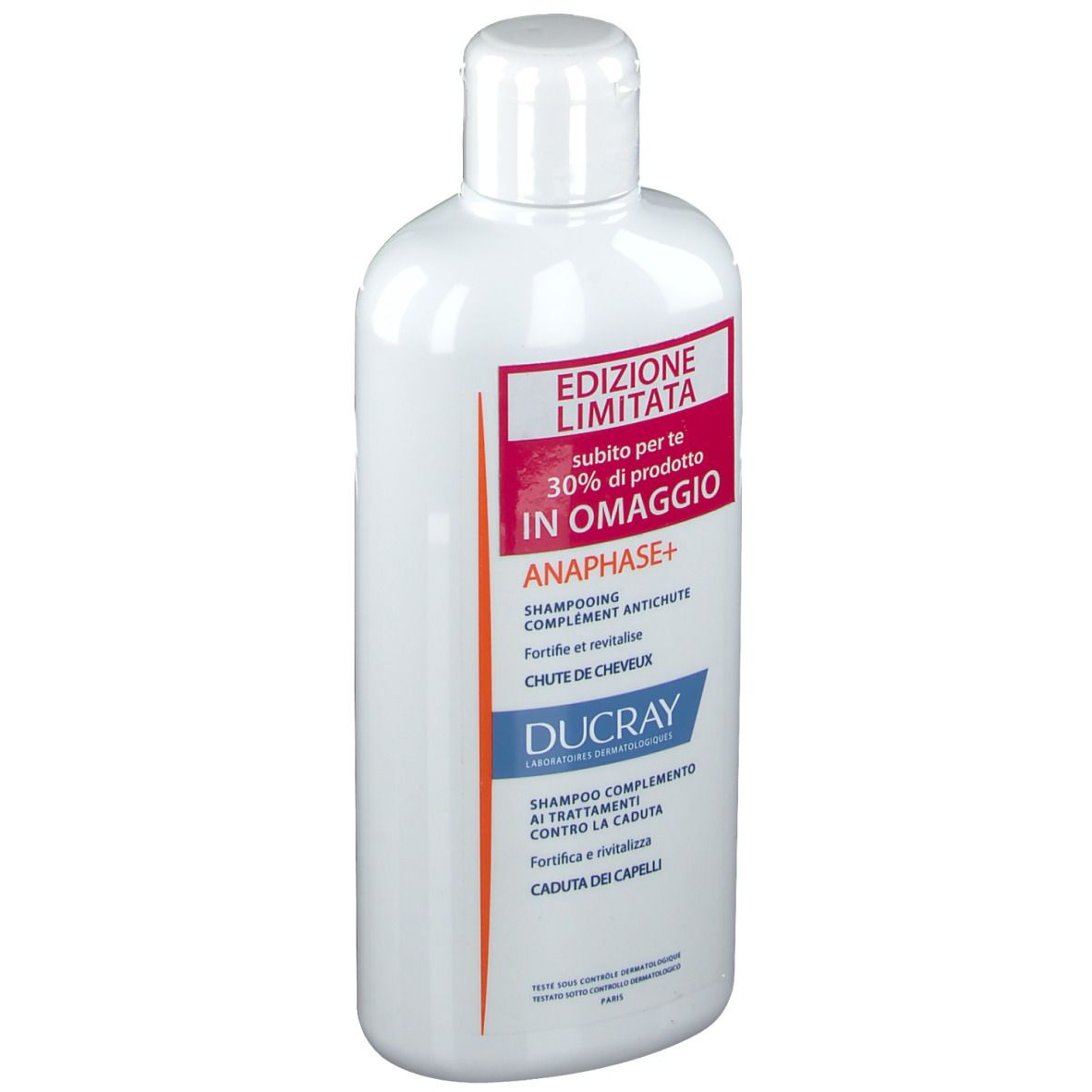 Flacone di shampoo bianco con etichetta rossa. Scritta: Edizione Limitata, ANAPHASE+ Shampoo, Ducray.