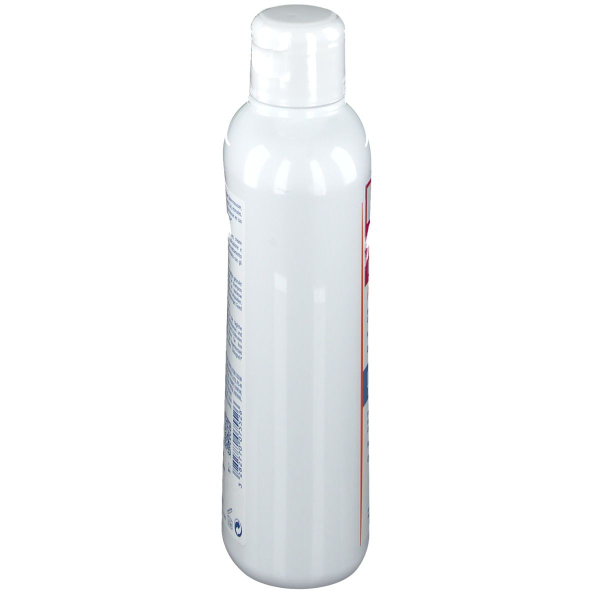 Flacone di shampoo bianco, vista laterale. Scritta illeggibile.