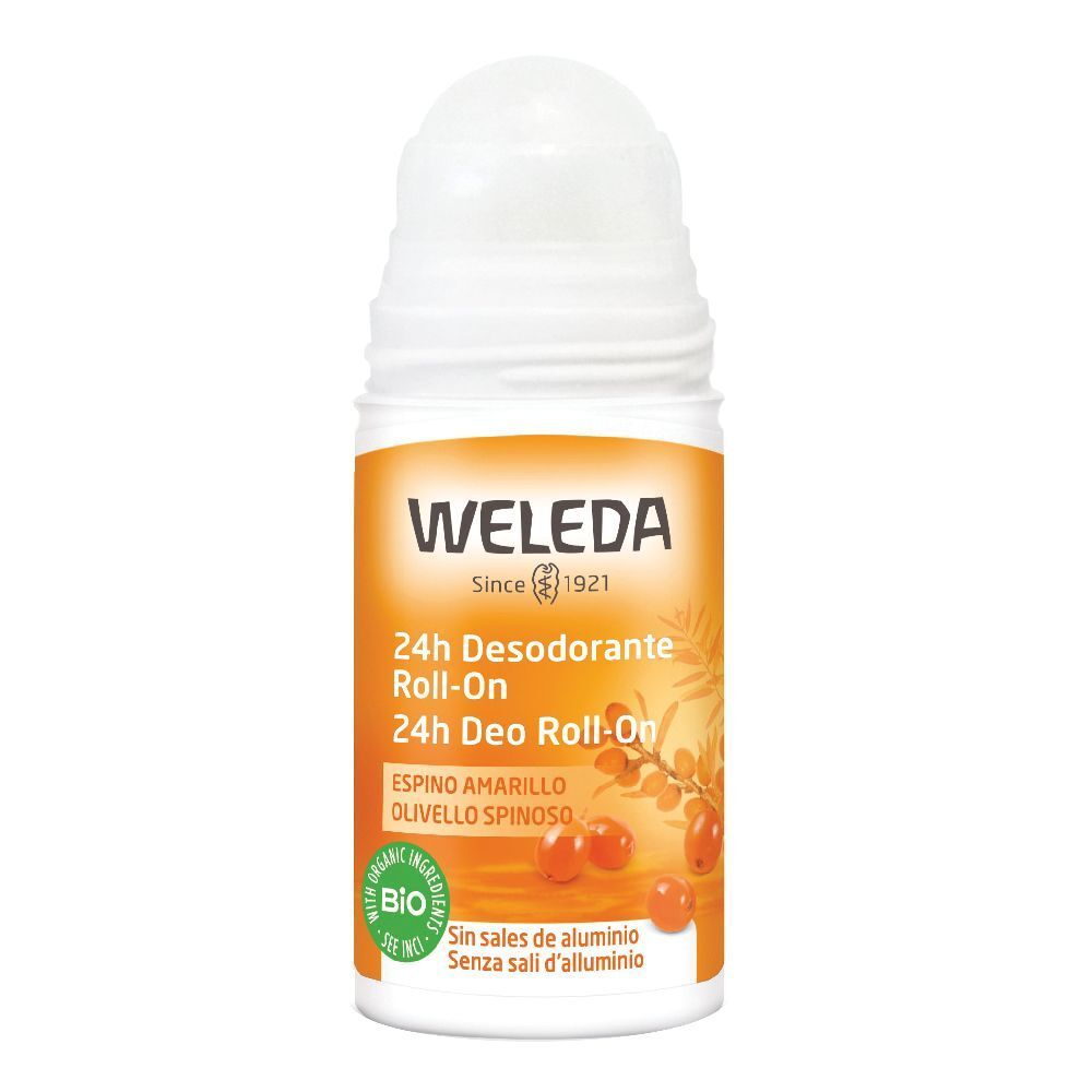 Weleda 24h Deo Roll-On Olivello Spinoso. Flacone bianco con etichetta arancione. Sigillo bio. Immagine del prodotto.