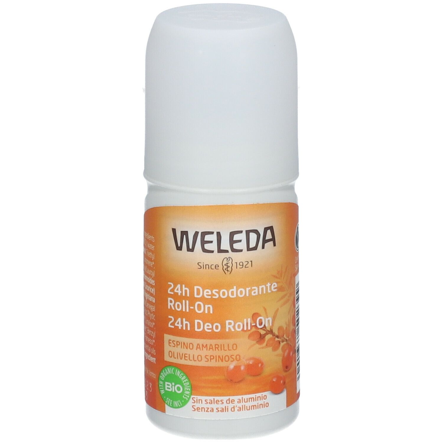 Weleda 24h Deo Roll-On Olivello Spinoso. Flacone bianco con etichetta arancione. Vista del prodotto.