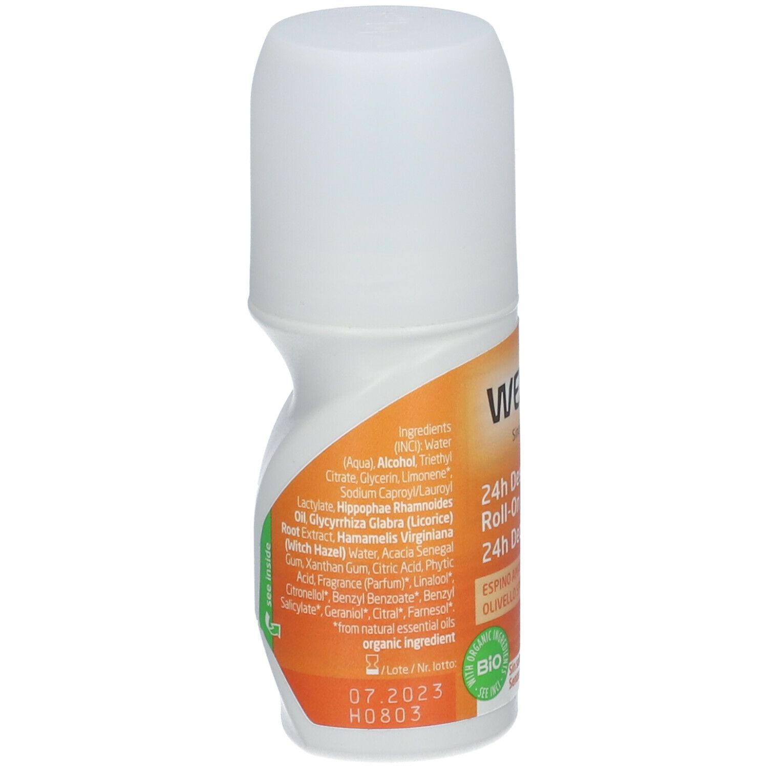 Weleda 24h Deo Roll-On. Flacone bianco, etichetta arancione con ingredienti. Sigillo bio.