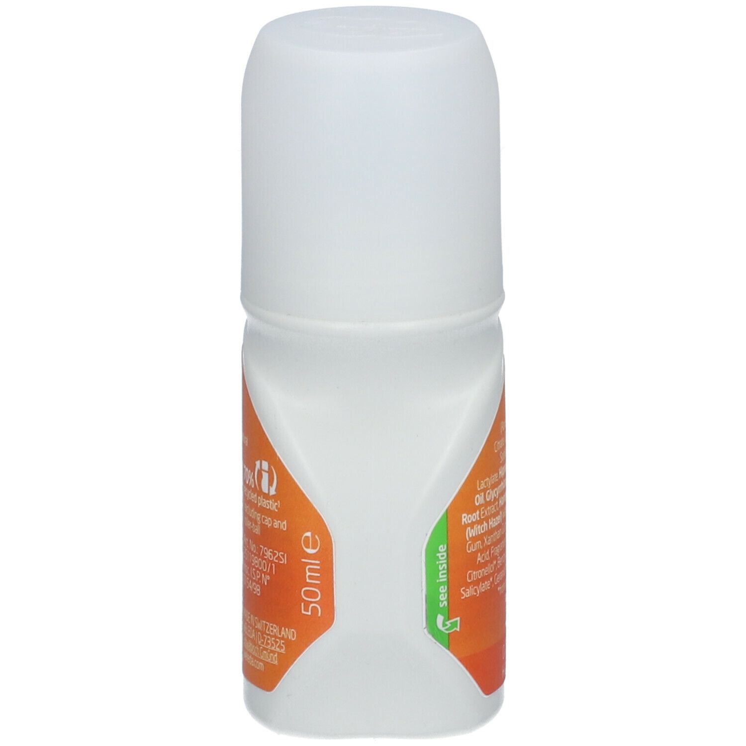 Weleda 24h Deo Roll-On. Flacone bianco, etichetta arancione. 50ml. Retro.