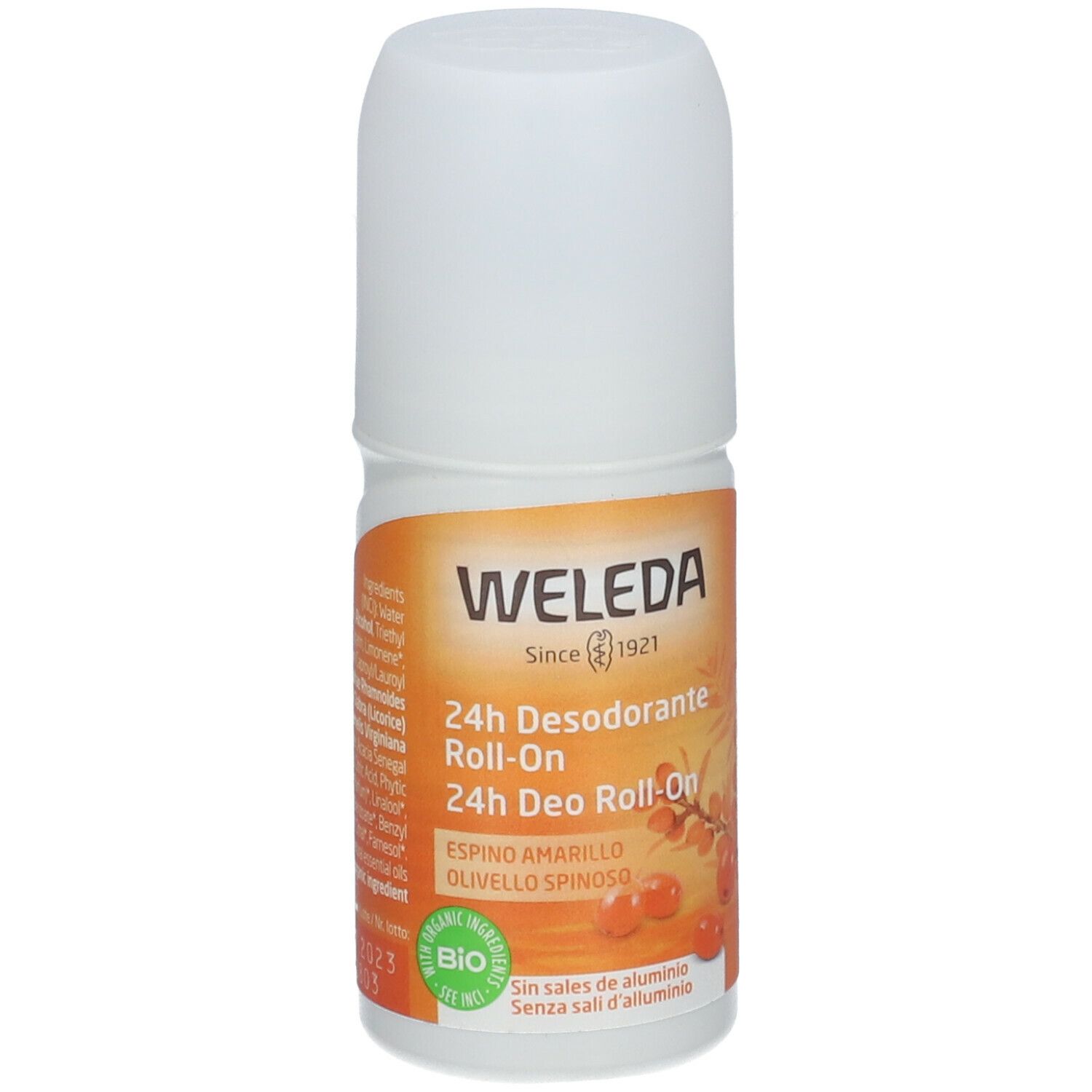 Weleda 24h Deo Roll-On Olivello Spinoso. Flacone bianco con etichetta arancione. Vista del prodotto.