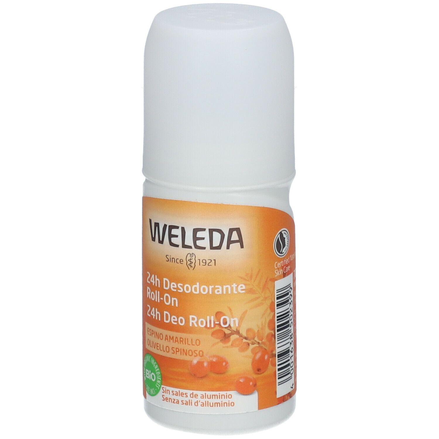 Weleda 24h Deo Roll-On Olivello Spinoso. Flacone bianco con etichetta arancione. Vista del prodotto.