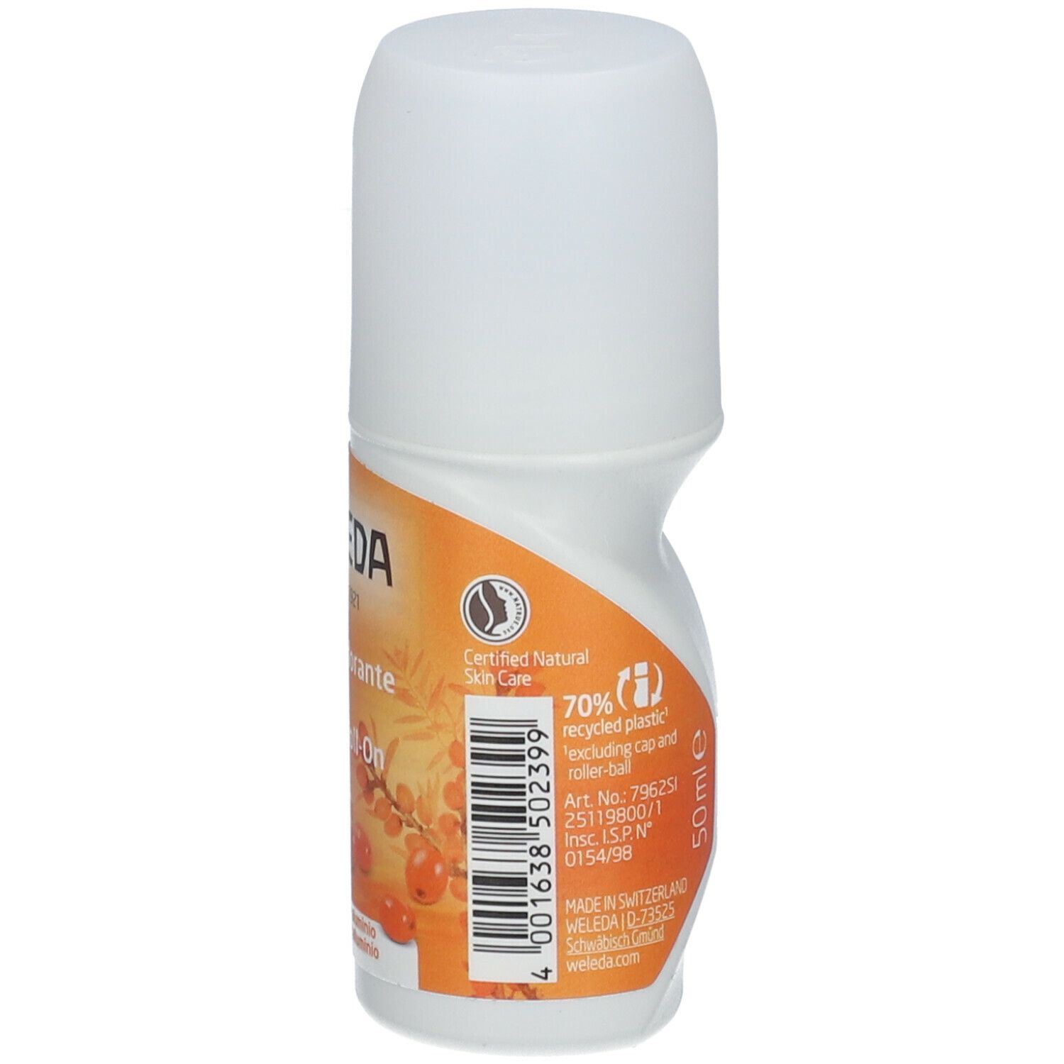 Weleda 24h Deo Roll-On. Flacone bianco, etichetta arancione. 70% plastica riciclata. Codice a barre.