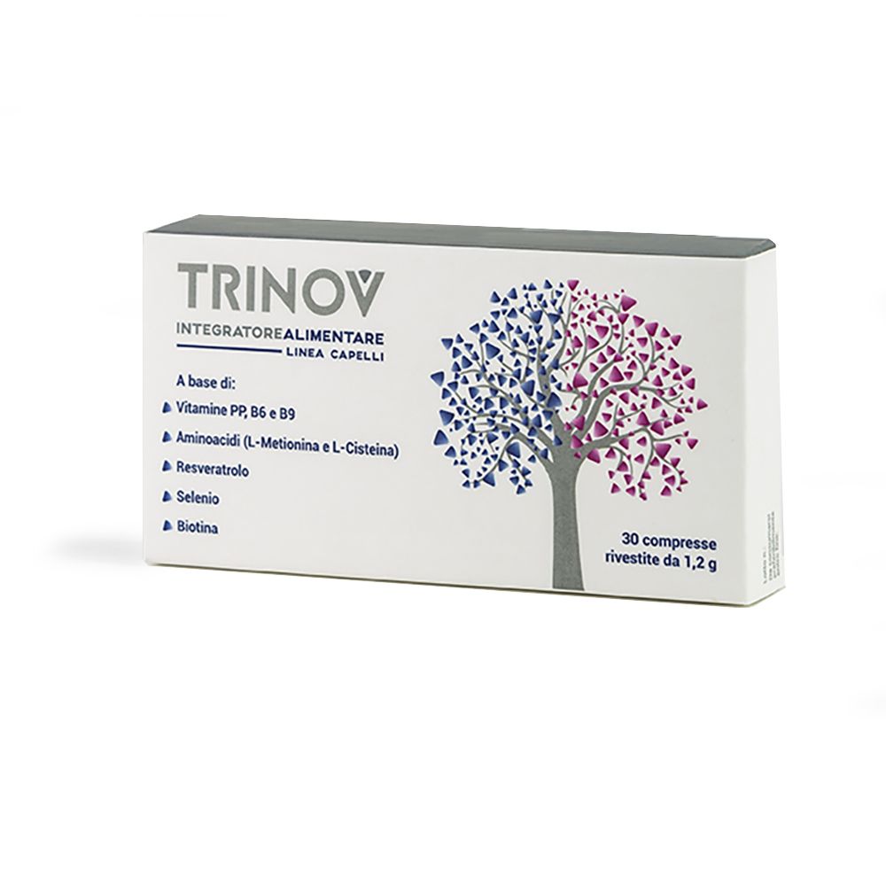 Scatola integratore alimentare TRINOV. Contiene vitamine, aminoacidi e biotina. 30 compresse.