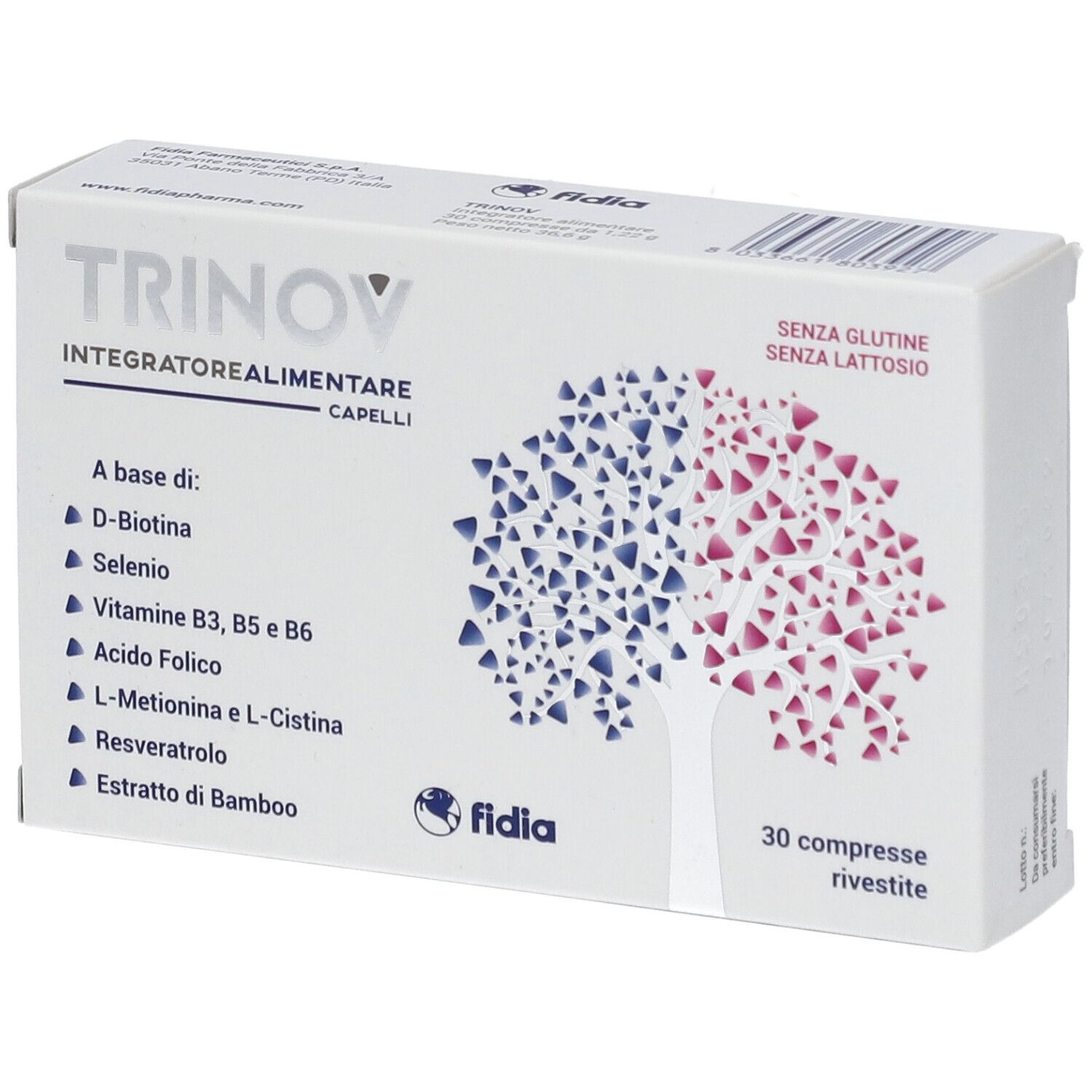 Scatola TRINOV con 30 compresse. Contiene D-Biotina, Selenio, Vitamine B3, B5, B6, acido folico, L-Metionina e L-Cistina.
