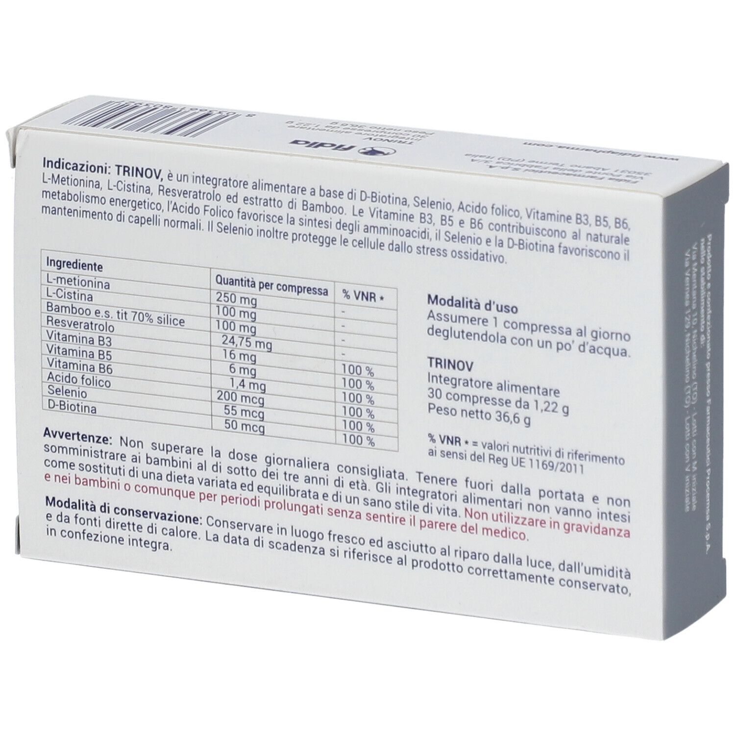 Retro della scatola TRINOV. Informazioni su ingredienti, dosaggio e avvertenze.