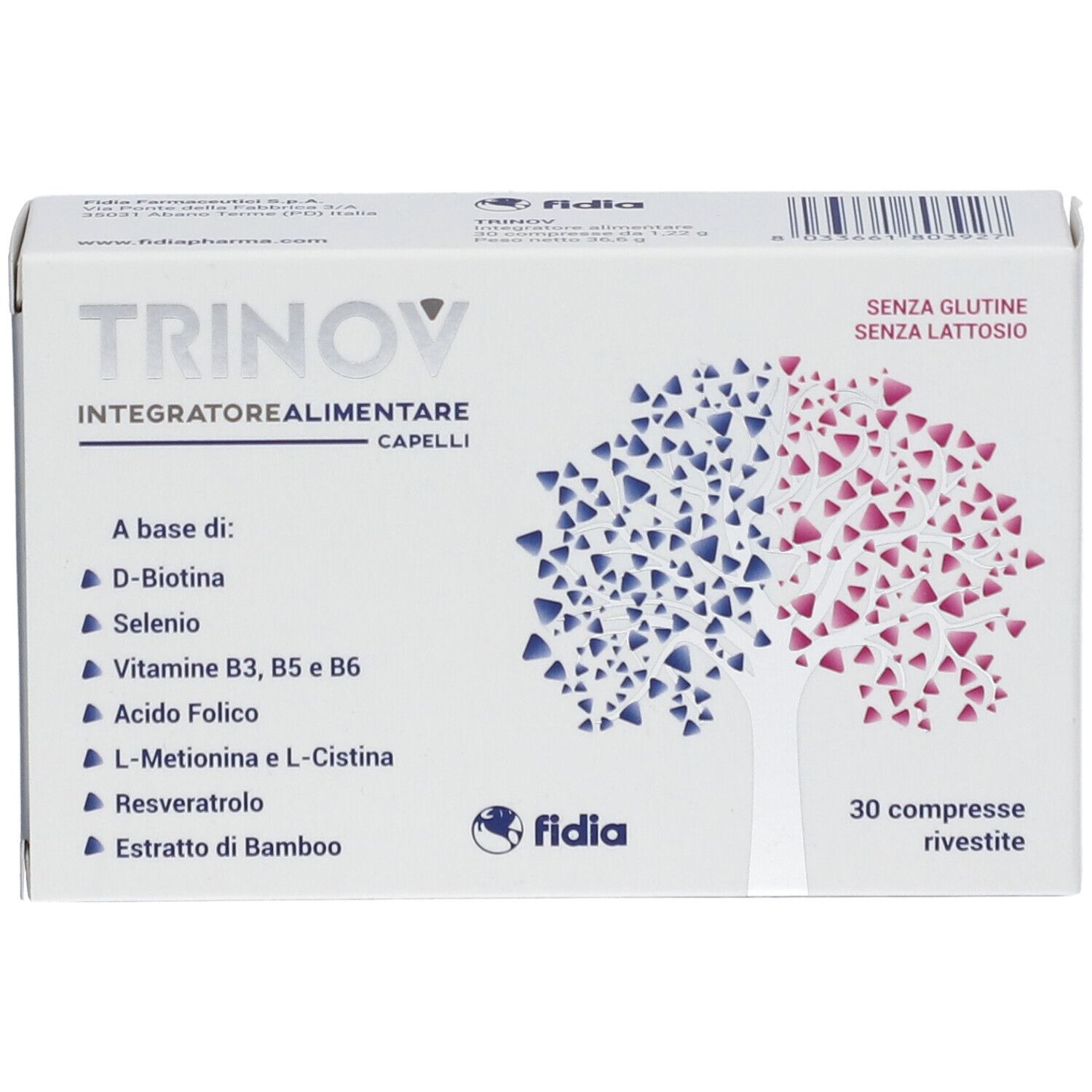 Scatola TRINOV con 30 compresse. Contiene D-Biotina, Selenio, Vitamine B3, B5, B6, acido folico, L-Metionina e L-Cistina.