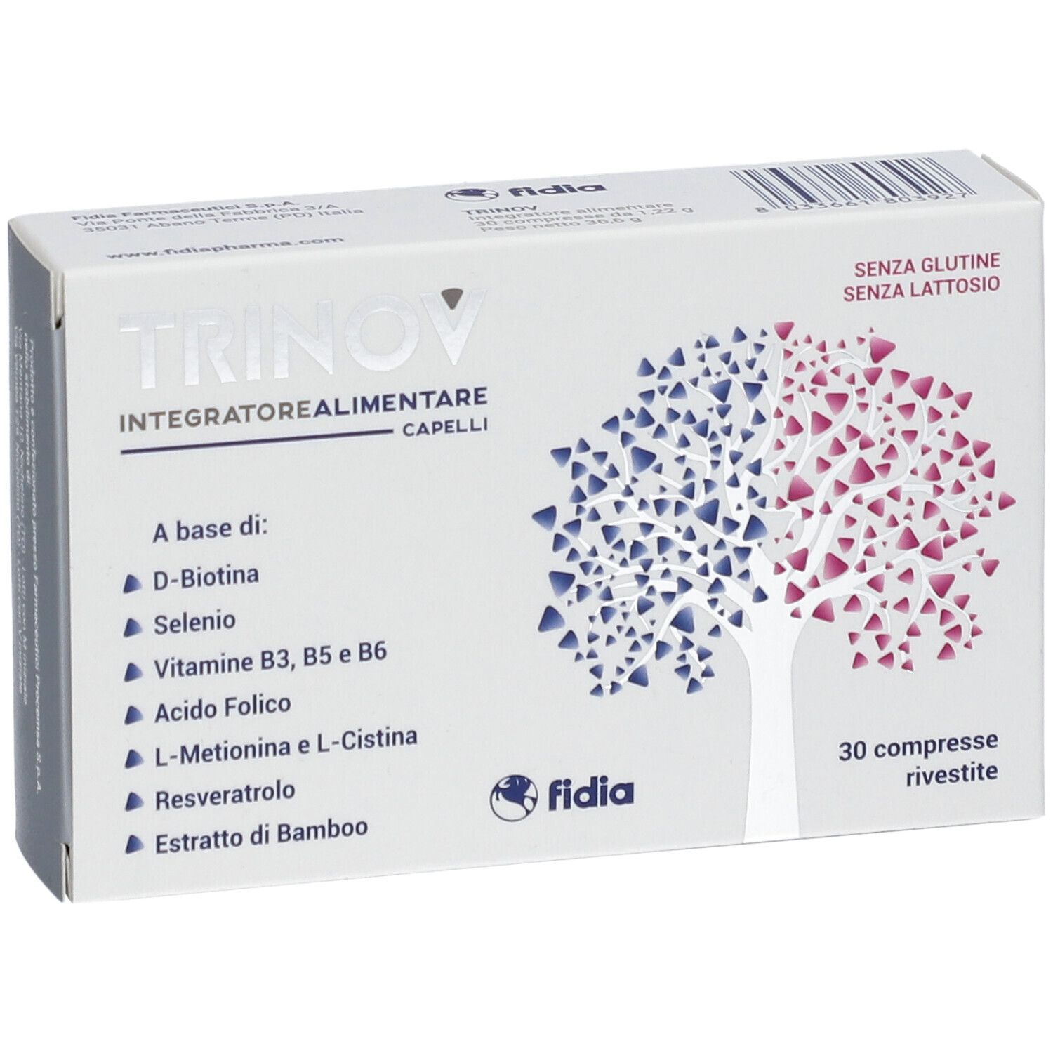 Scatola TRINOV con 30 compresse. Contiene D-Biotina, Selenio, Vitamine B3, B5, B6, acido folico, L-Metionina e L-Cistina.