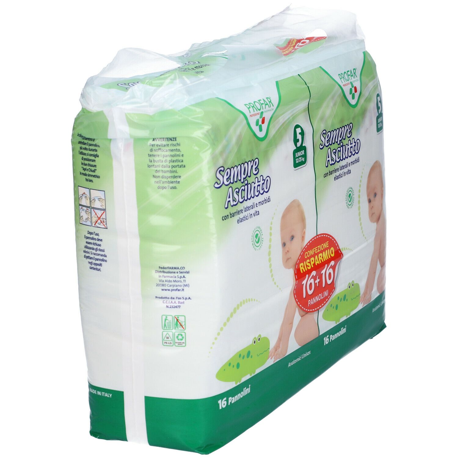 Vista obliqua della confezione di due pacchi di pannolini PROFAR Sempre Asciutto Junior. Visibile: marchio, nome prodotto, taglia 5, immagine bambino.