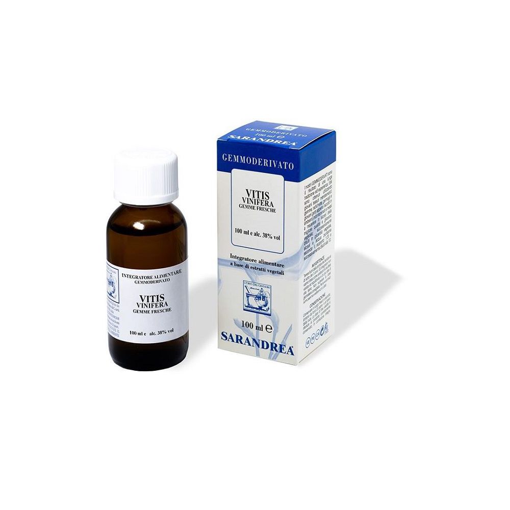 Flacone di vetro marrone con tappo bianco e scatola. Scritta: Vitis Vinifera Gemme Gocce.