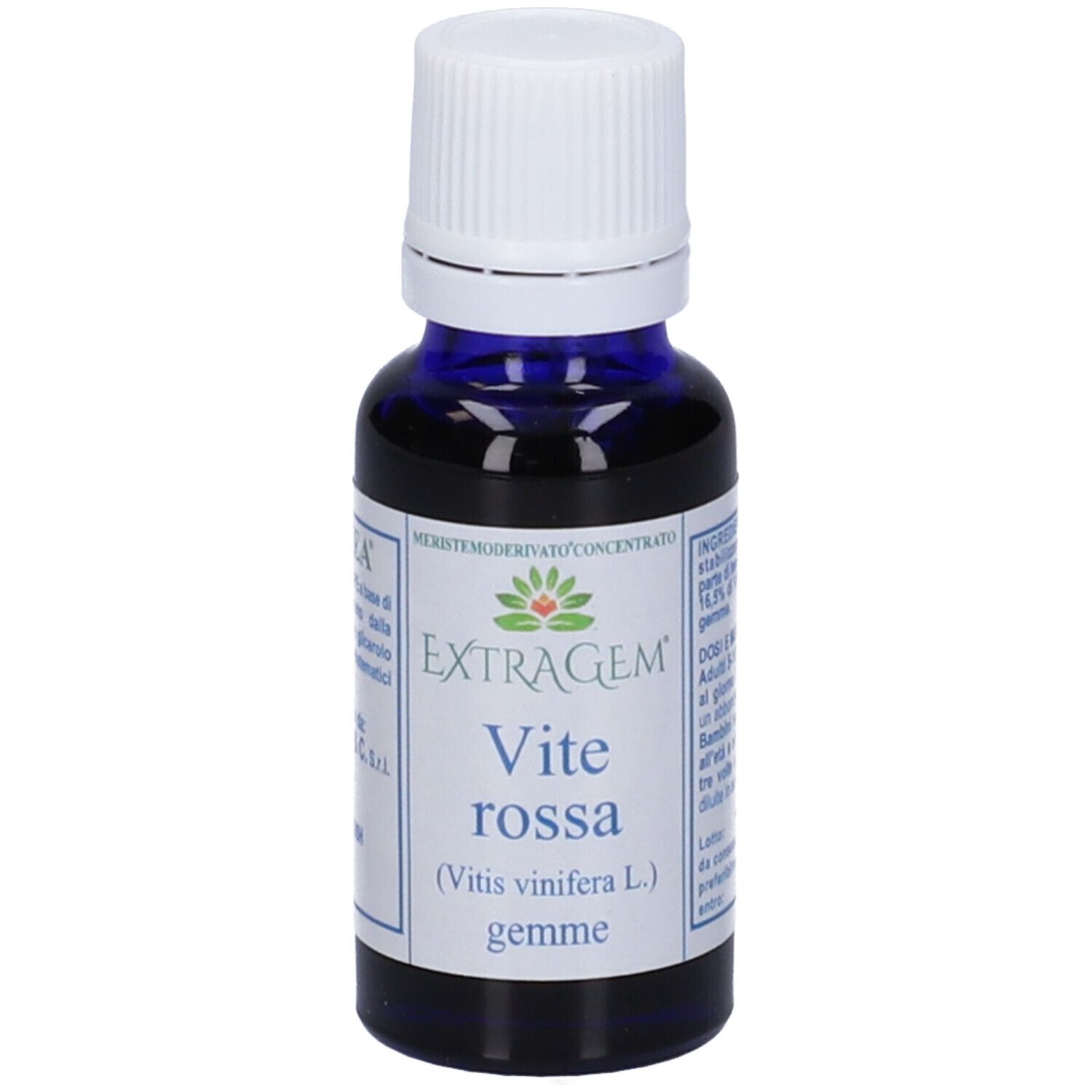 Flacone di vetro blu con tappo bianco. Scritta: Extragem Vite rossa gemme.