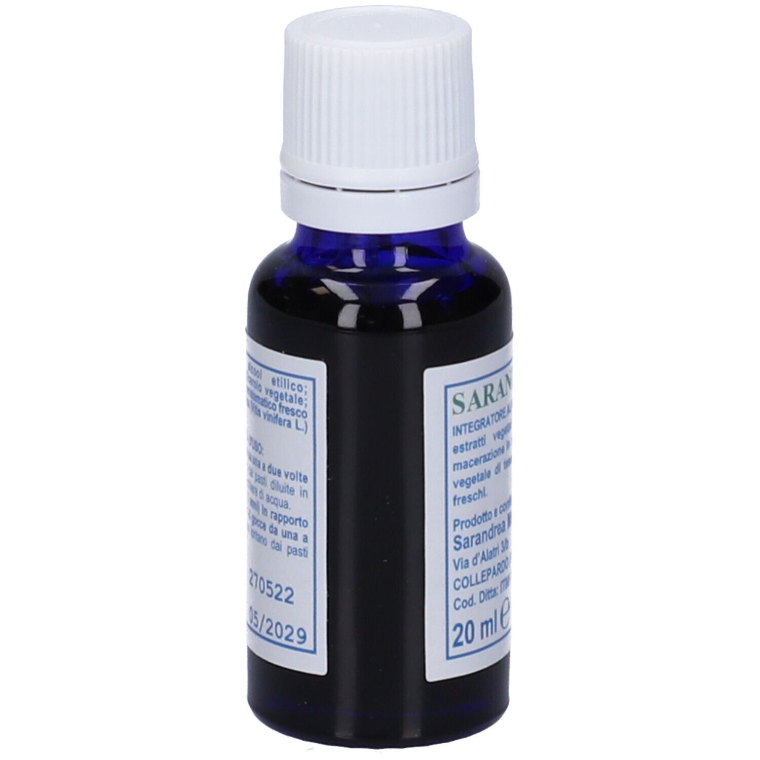 Flacone di vetro blu con tappo bianco. Scritta: Extragem Vite rossa gemme.