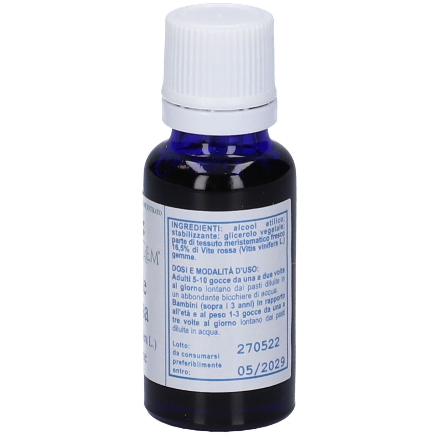 Flacone di vetro blu con tappo bianco. Scritta: Extragem Vite rossa gemme.