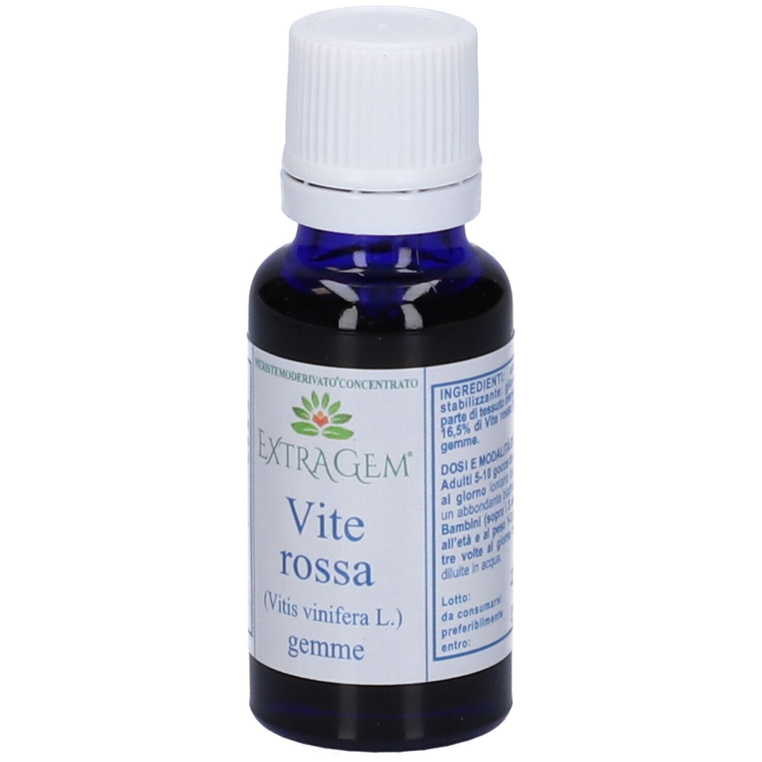 Flacone di vetro blu con tappo bianco. Scritta: Extragem Vite rossa gemme.