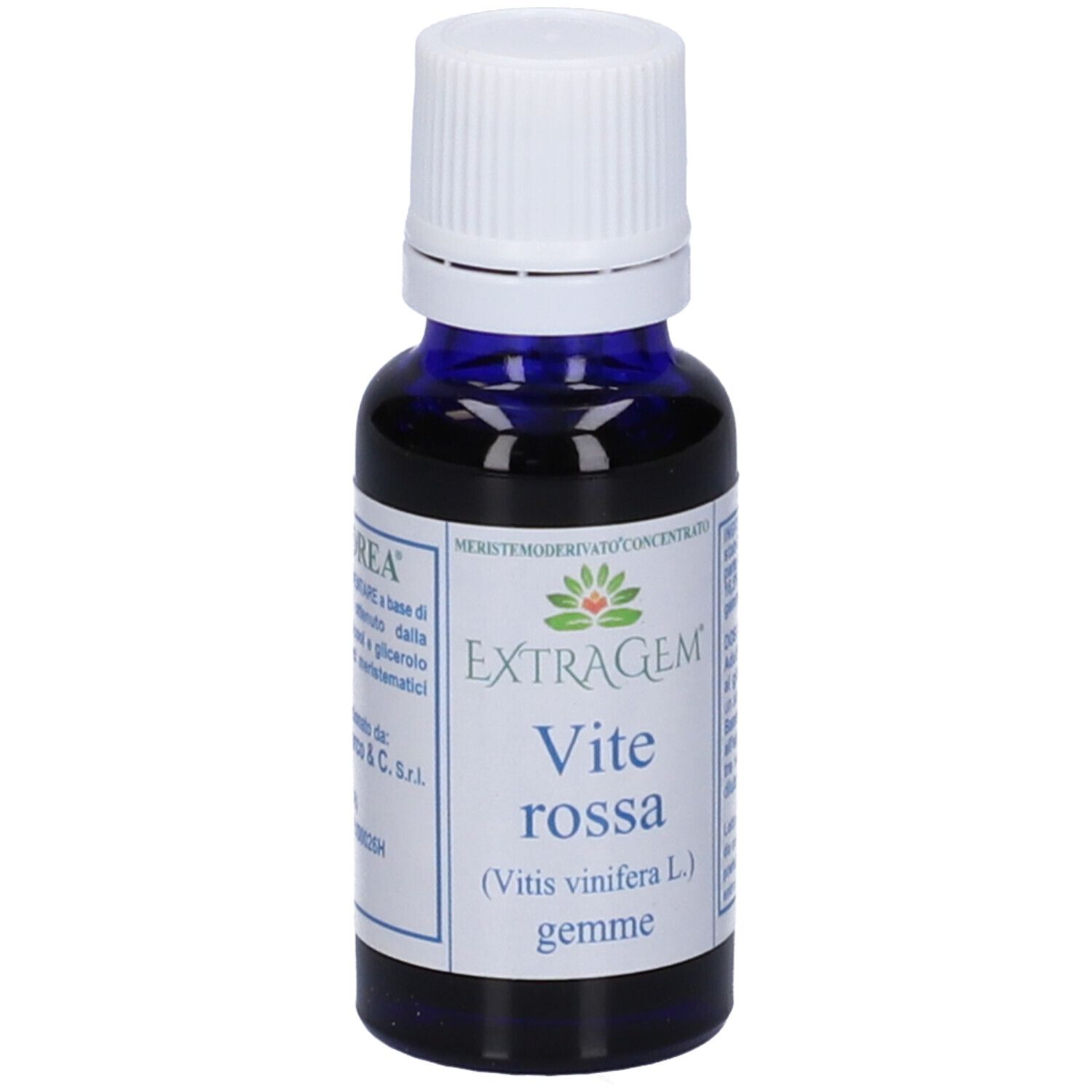 Flacone di vetro blu con tappo bianco. Scritta: Extragem Vite rossa gemme.