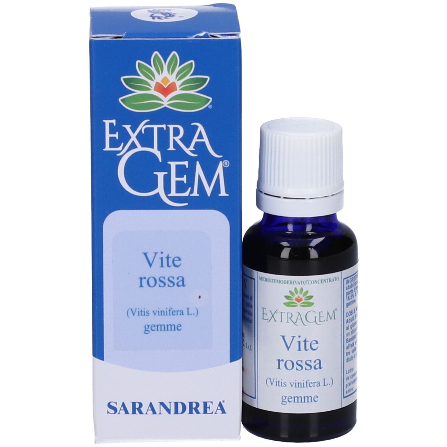 Flacone di vetro blu e scatola. Scritta: Extragem Vite rossa gemme.