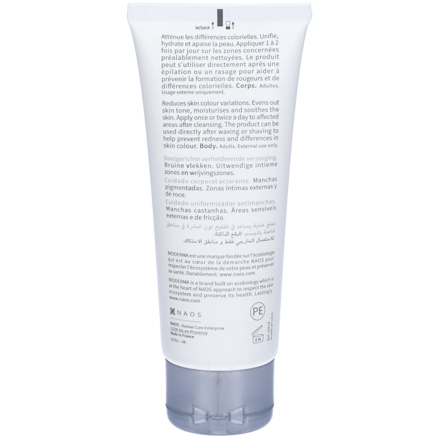 Retro del tubo di crema. Testo multilingue. Tappo grigio.