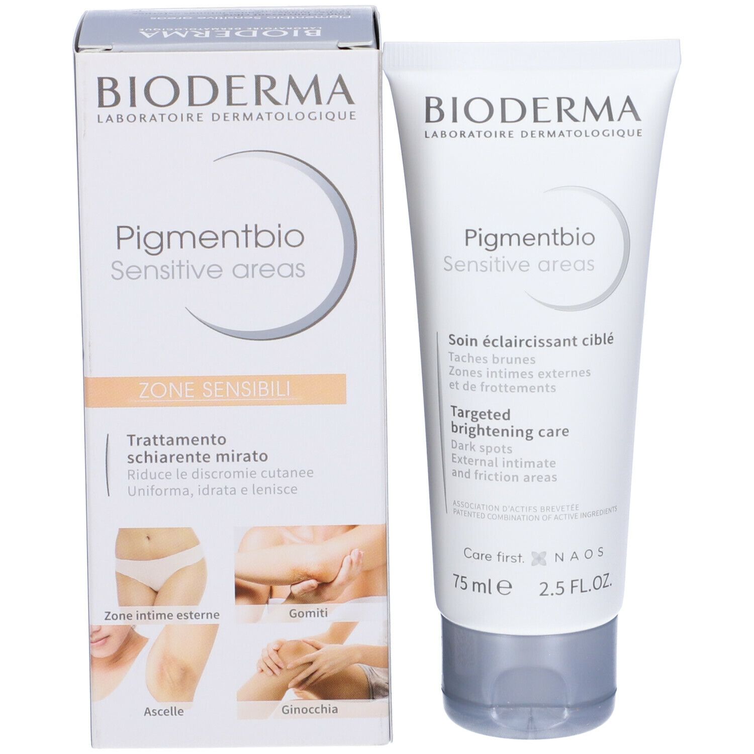 Crema BIODERMA Pigmentbio Sensitive areas e confezione. Tubo bianco, scatola. 75 ml.