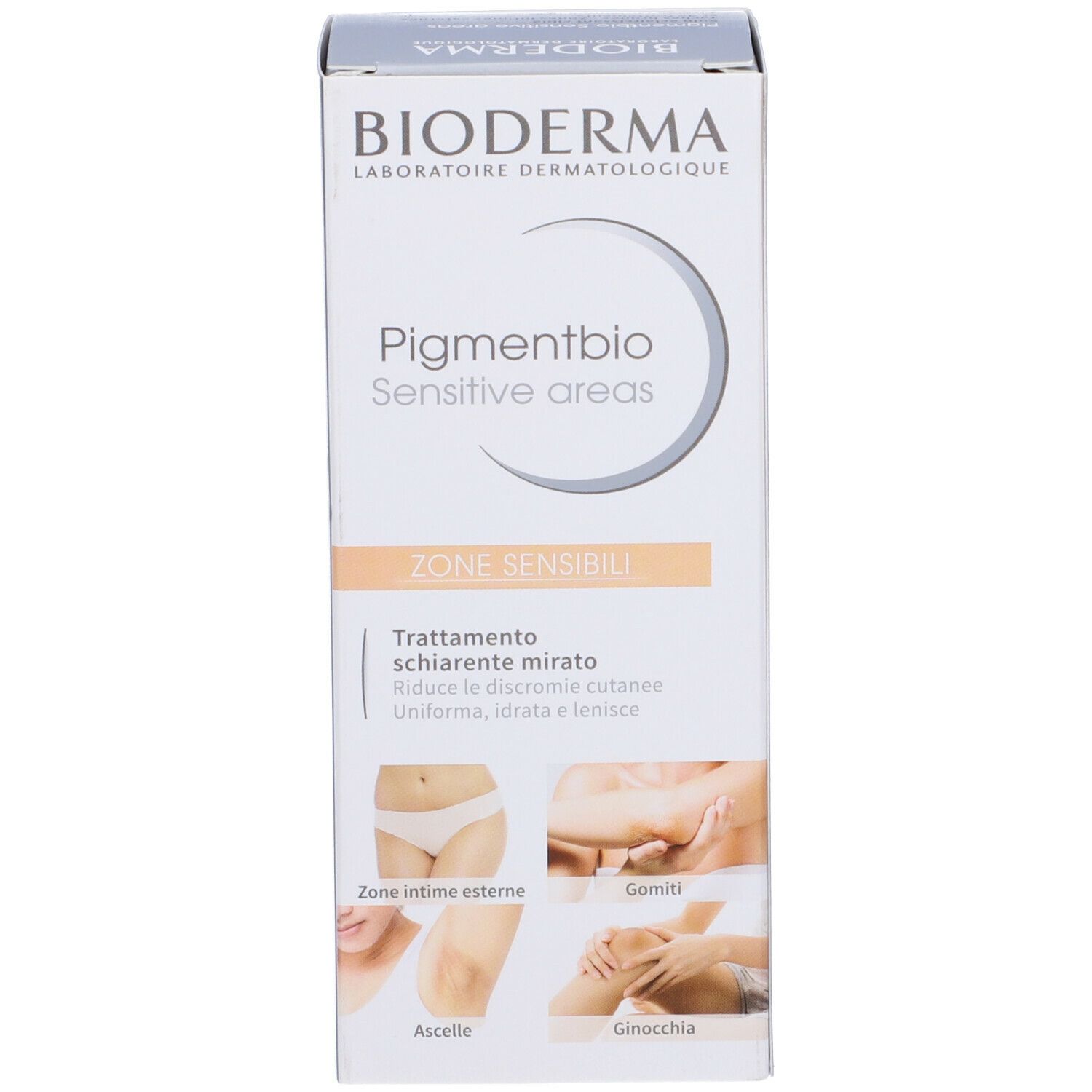 Confezione di BIODERMA Pigmentbio Sensitive areas. Scatola bianca con illustrazioni.