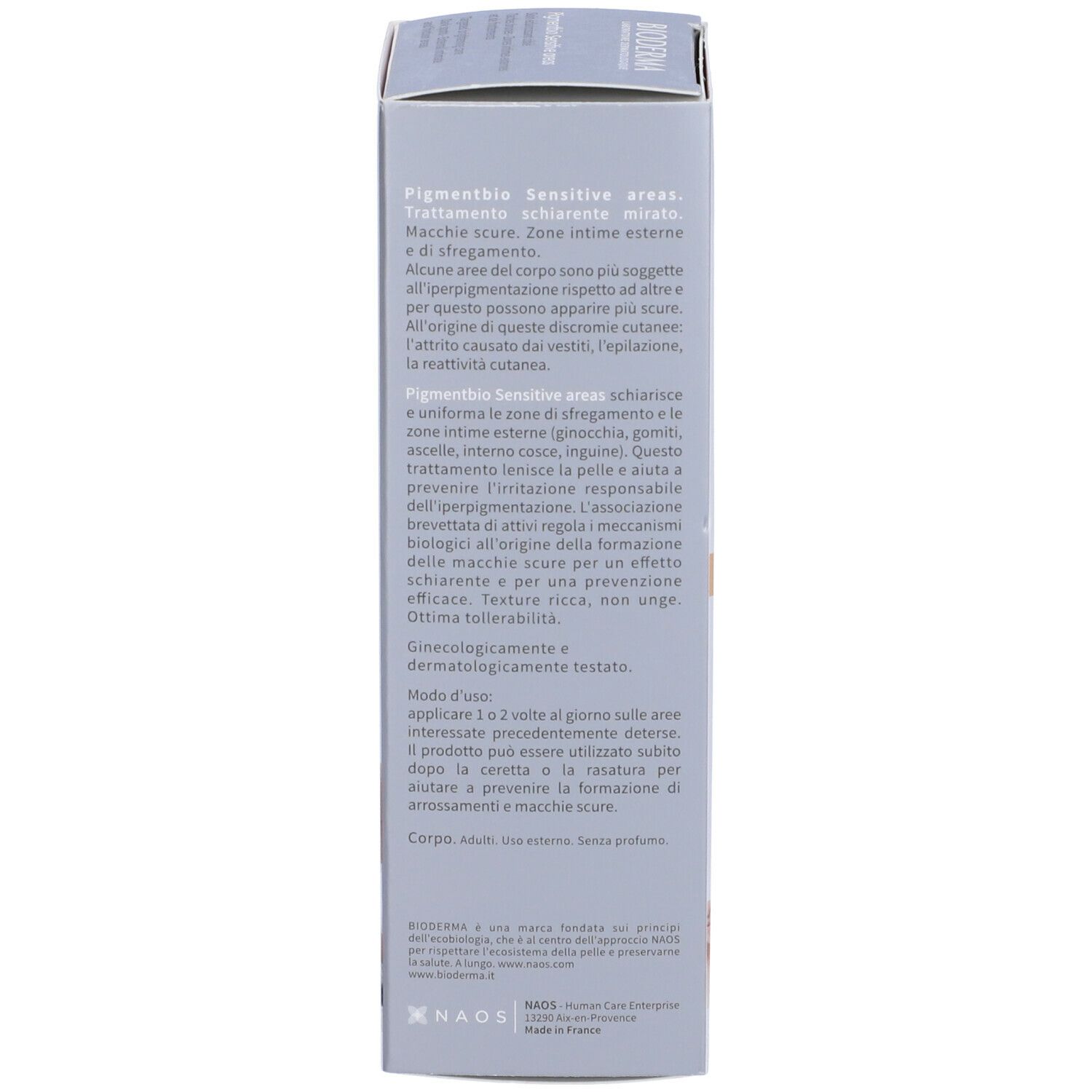 Lato della confezione BIODERMA Pigmentbio Sensitive areas. Testo in italiano.