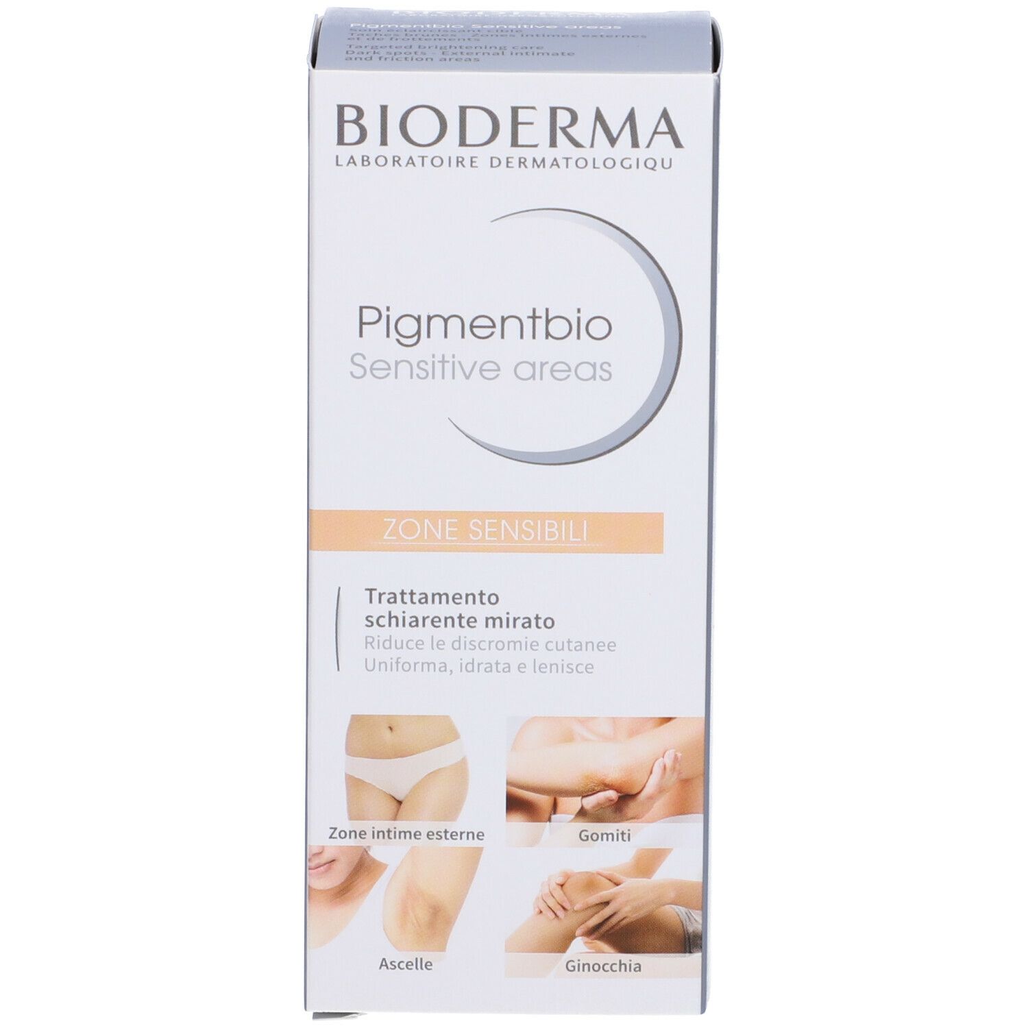 Confezione di BIODERMA Pigmentbio Sensitive areas. Scatola bianca con illustrazioni.