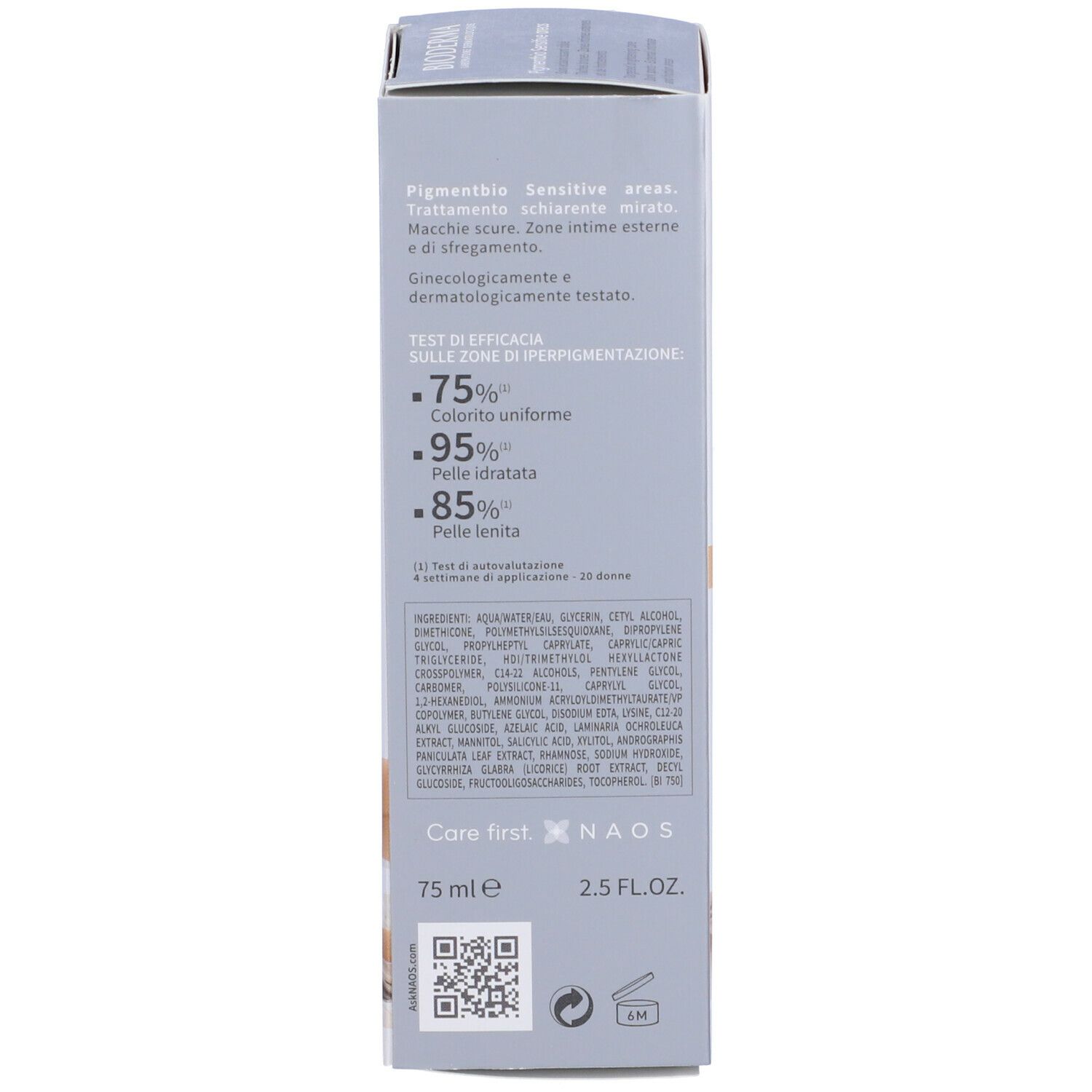 Lato della confezione BIODERMA Pigmentbio Sensitive areas. Ingredienti e risultati.