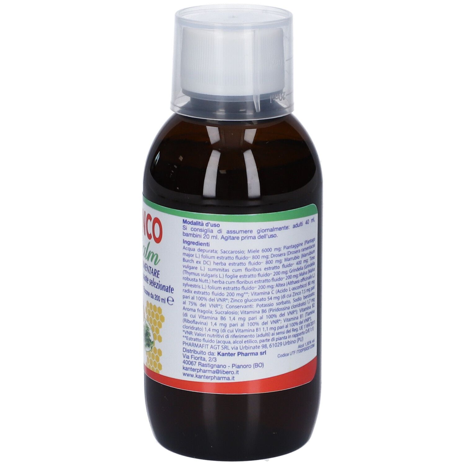 Flacone in vetro ambrato con etichetta che elenca ingredienti, dosaggio e informazioni del produttore.