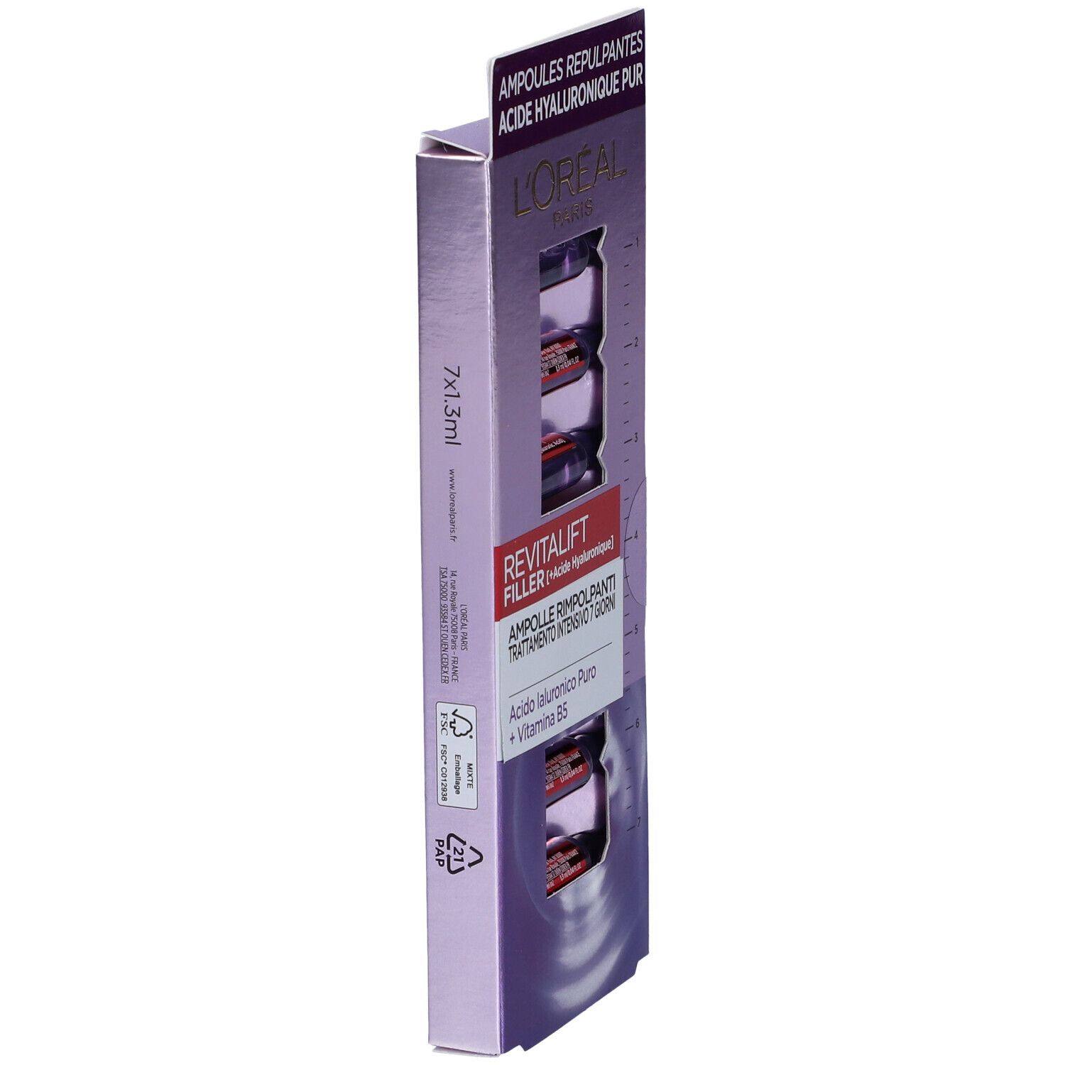 Confezione di L'Oréal Paris Revitalift Filler, 7x1 ml. Confezione viola con informazioni sul prodotto.