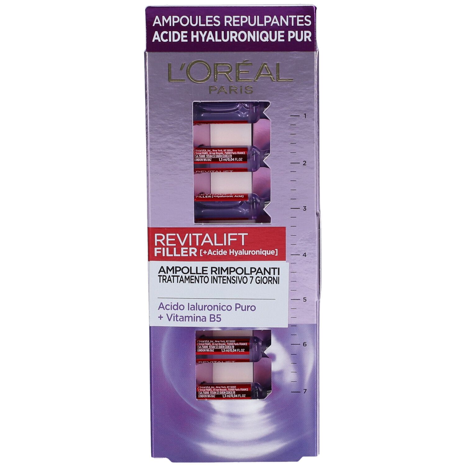 Confezione di L'Oréal Paris Revitalift Filler, 7x1 ml. Ampolle visibili in confezione viola.