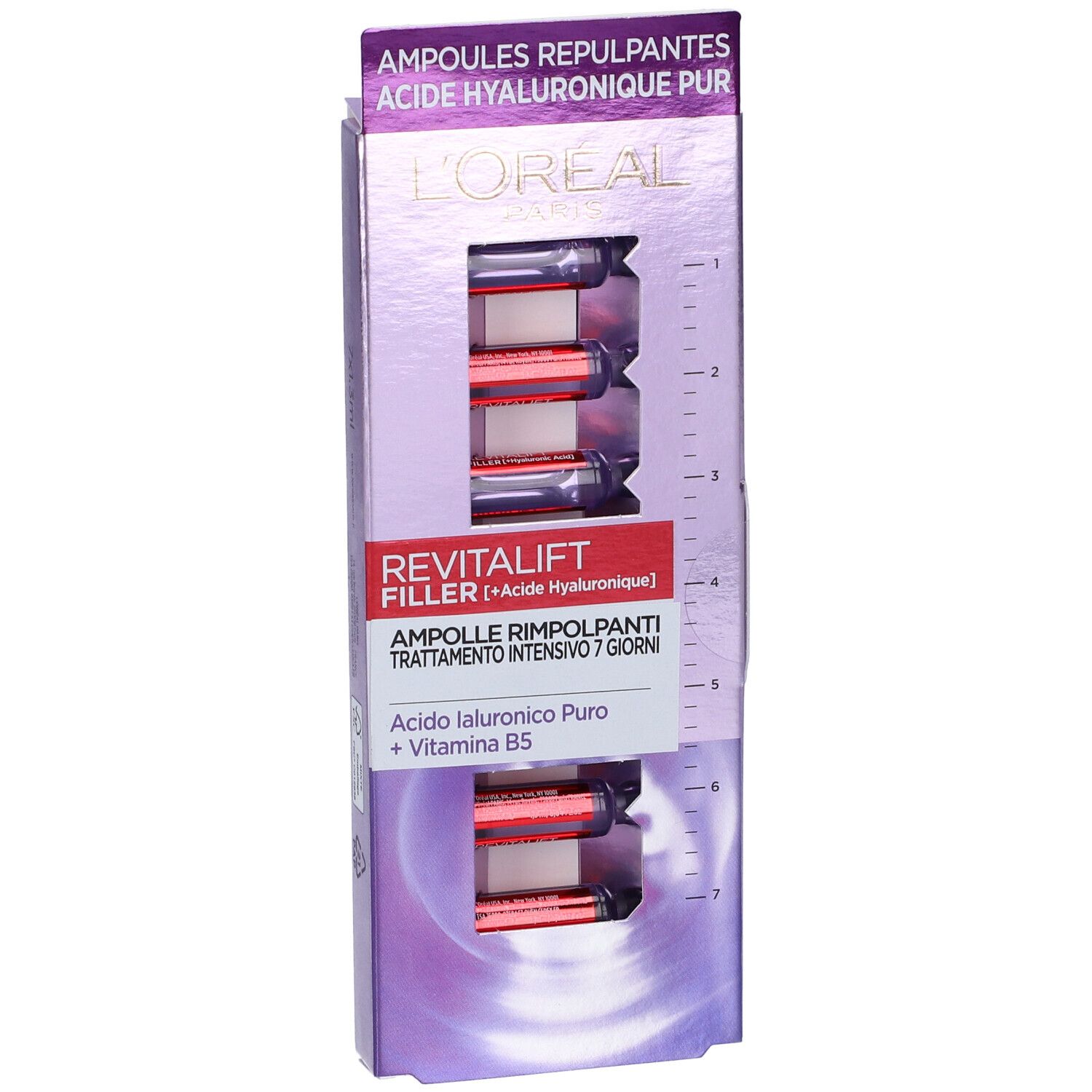Confezione di L'Oréal Paris Revitalift Filler, 7x1 ml. Ampolle visibili in confezione viola.