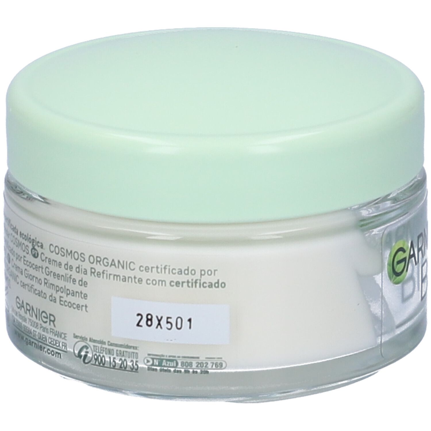 Vasetto di crema con coperchio verde. Scritta Garnier BIO. Adesivo con codice 28X501.
