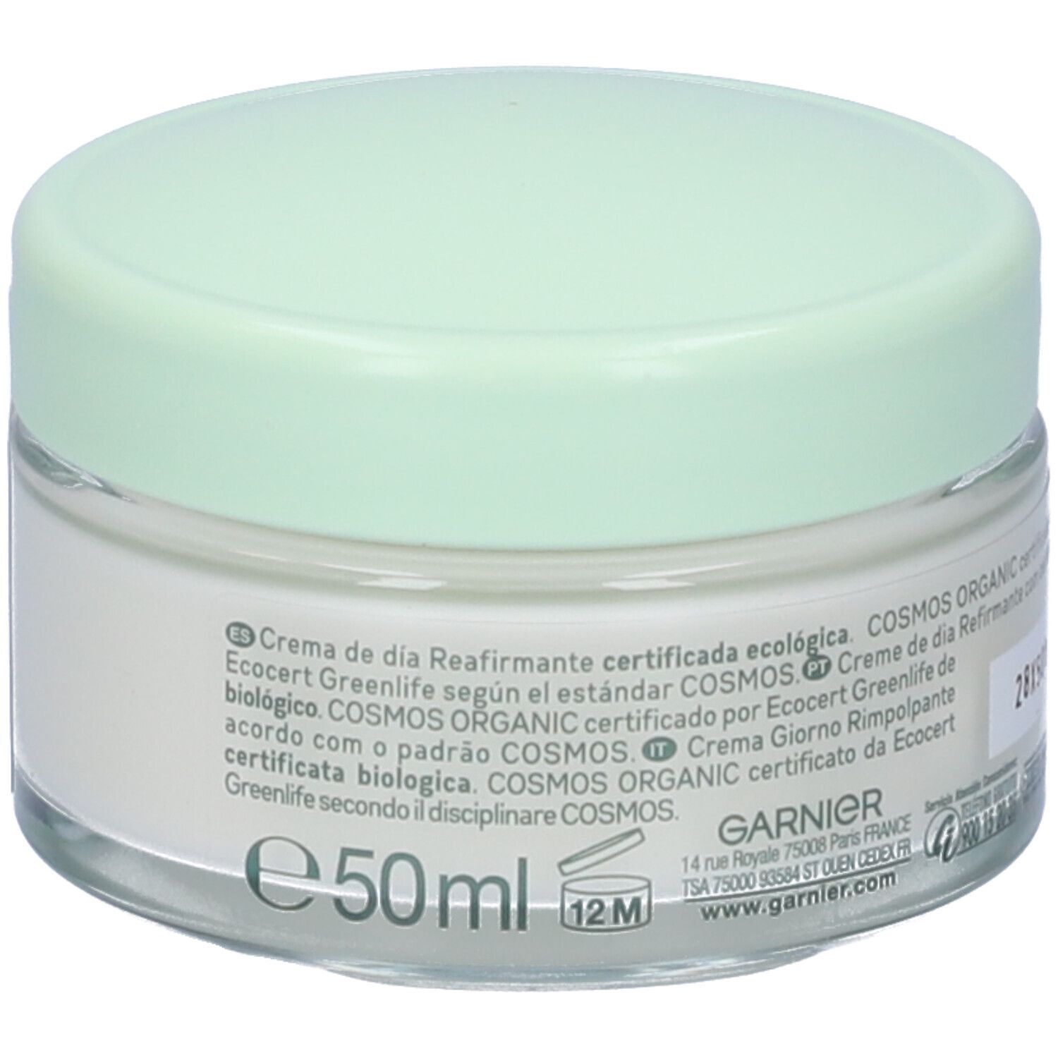 Vasetto di crema con coperchio verde. Scritta Garnier BIO. Testo sugli ingredienti e la certificazione.