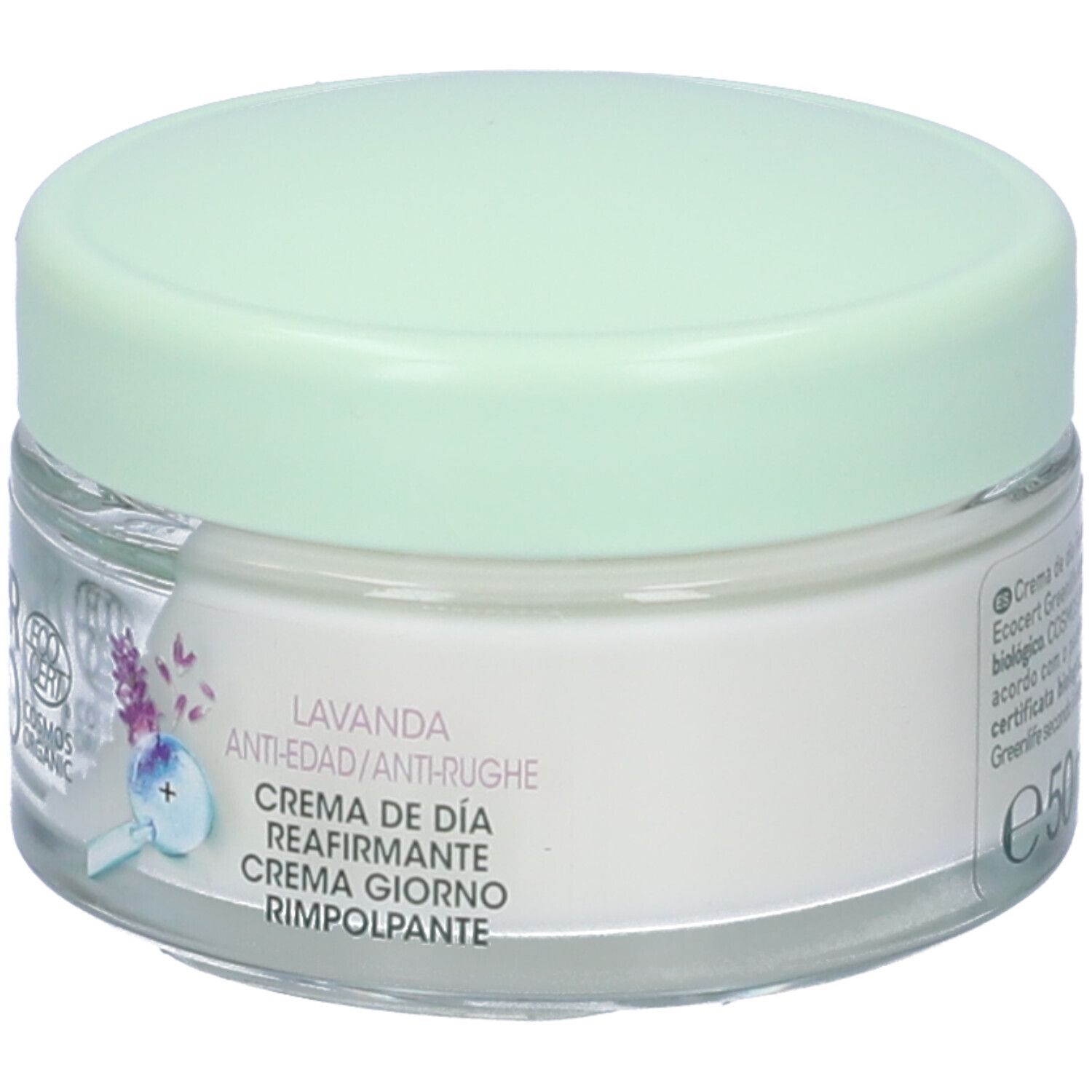 Vasetto di crema con coperchio verde. Scritta Lavanda Anti-edad/Antirughe. Testo sulla crema.