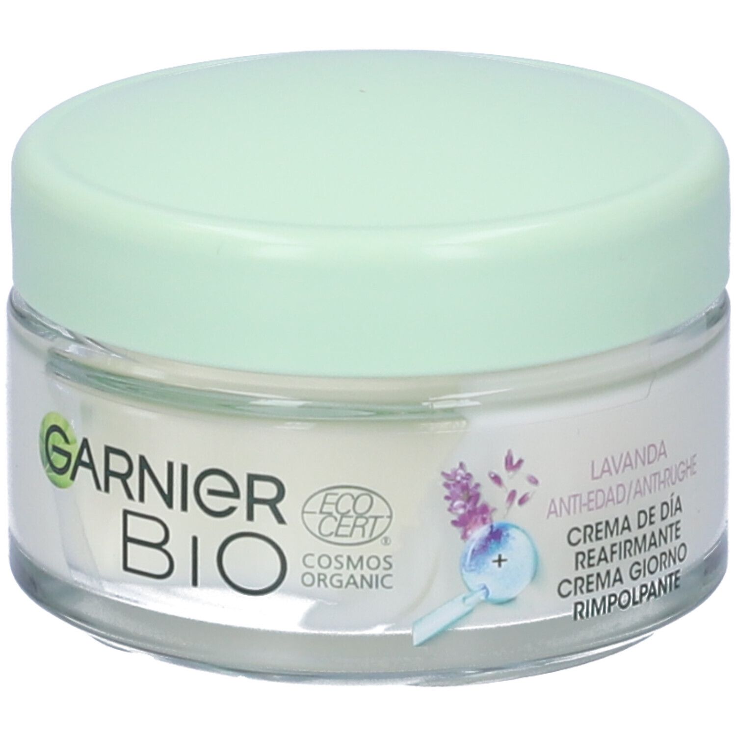Vasetto di crema con coperchio verde. Scritta Garnier BIO, logo EcoCert. Testo sulla crema.