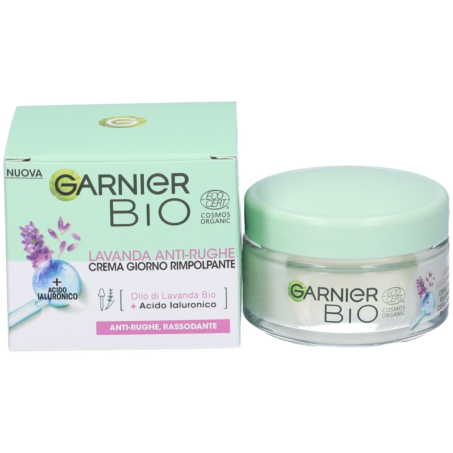 Vasetto di crema e scatola. Scritta Garnier BIO, Lavanda Anti-rughe. Logo EcoCert. Confezione del prodotto.