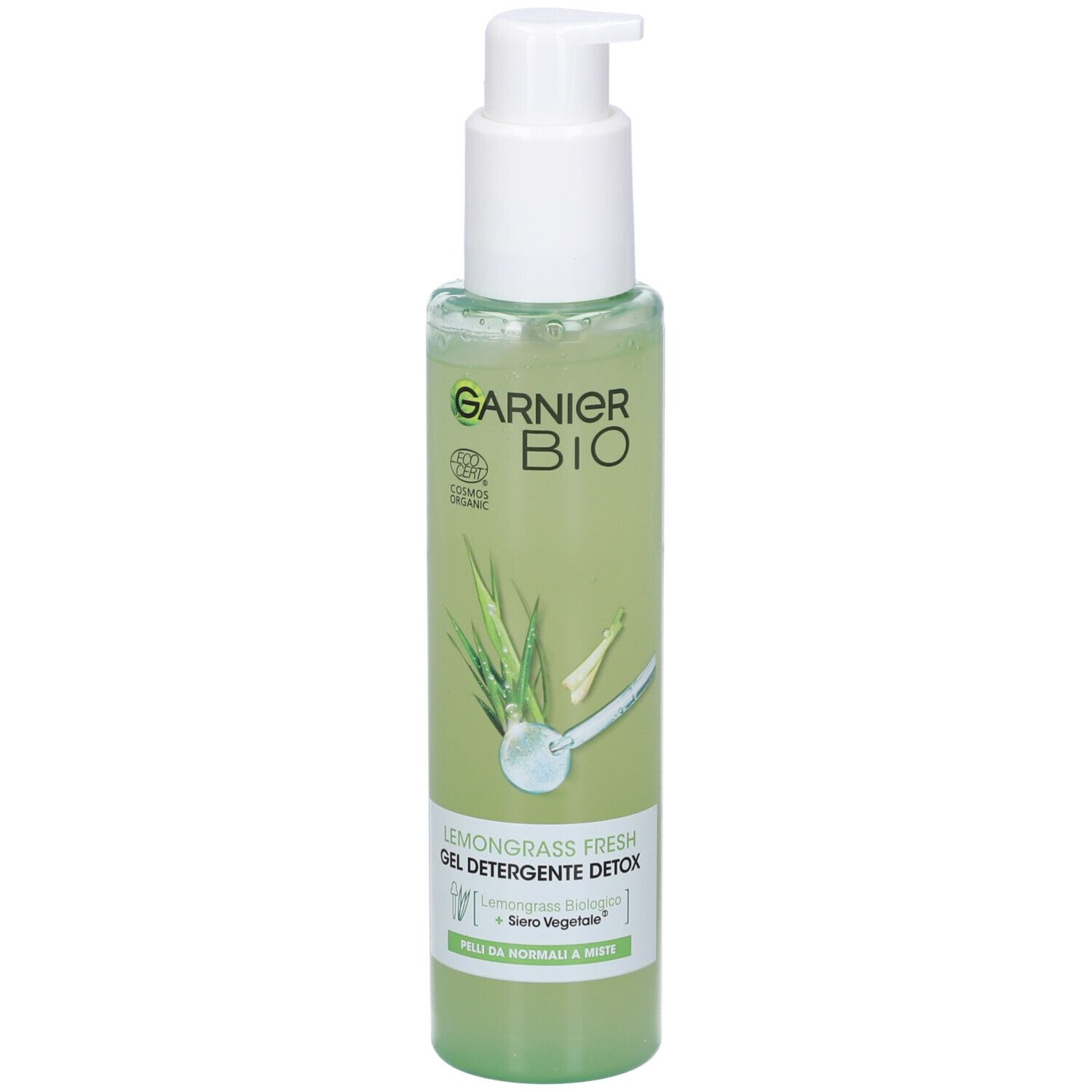Flacone verde con dosatore bianco. Scritta Garnier Bio, Lemongrass Fresh, Gel Detergente Detox. Illustrazione di piante.