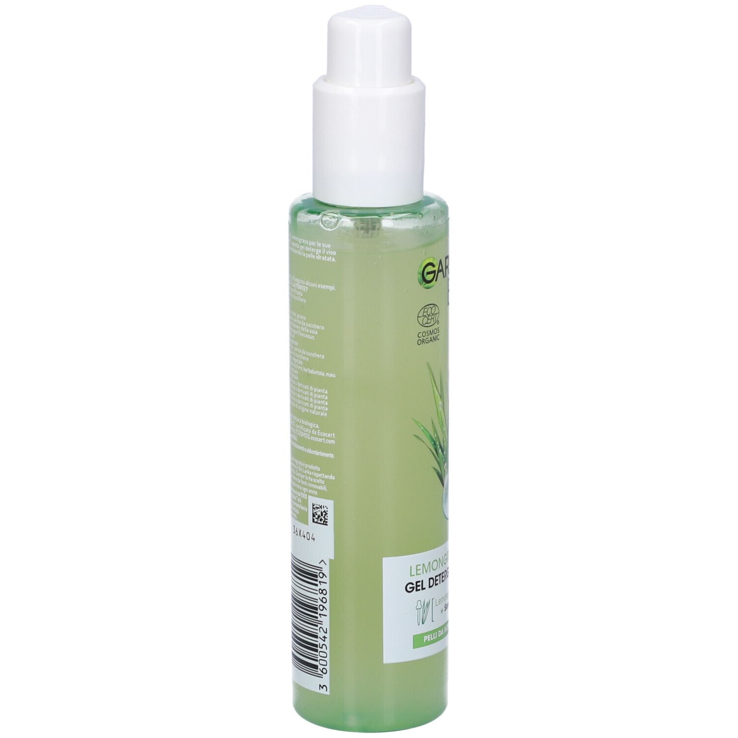 Flacone verde con dosatore bianco. Scritta Garnier Bio. Retro con testo e codice a barre. Liquido verde visibile.