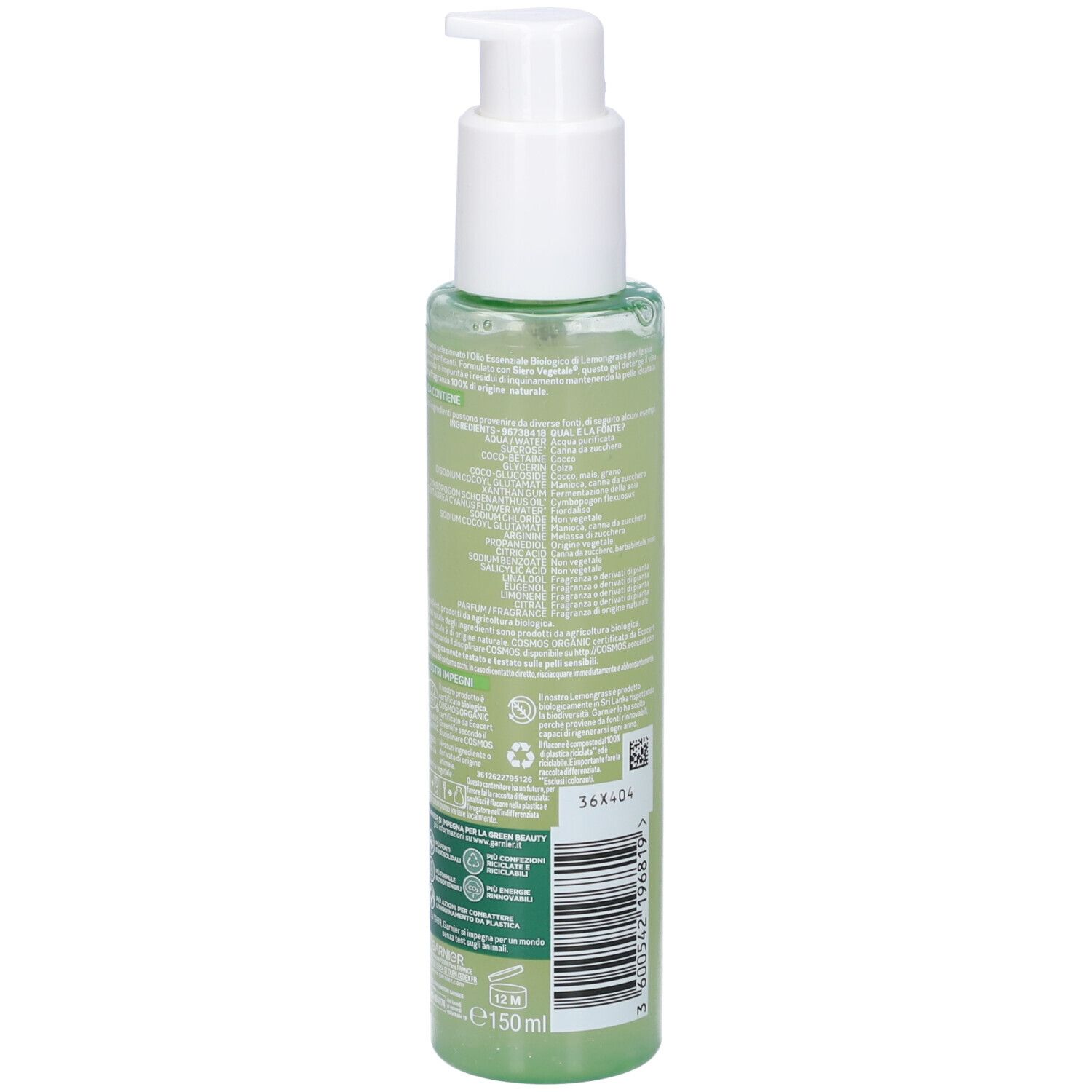 Retro di un flacone verde con dosatore bianco. Testo, codice a barre e loghi. Liquido verde visibile. 150ml.