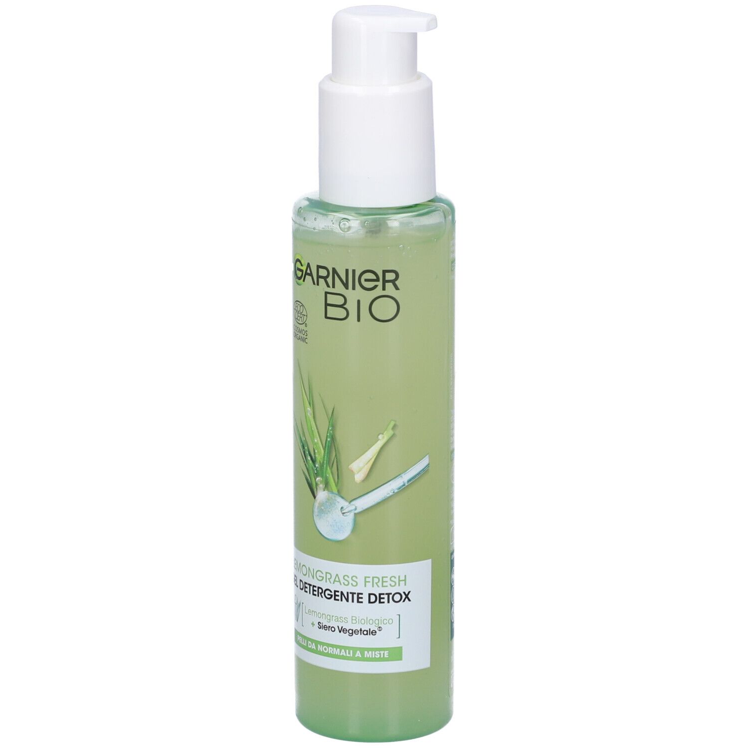 Flacone verde con dosatore bianco. Scritta Garnier Bio, Lemongrass Fresh, Gel Detergente Detox. Illustrazione di piante.