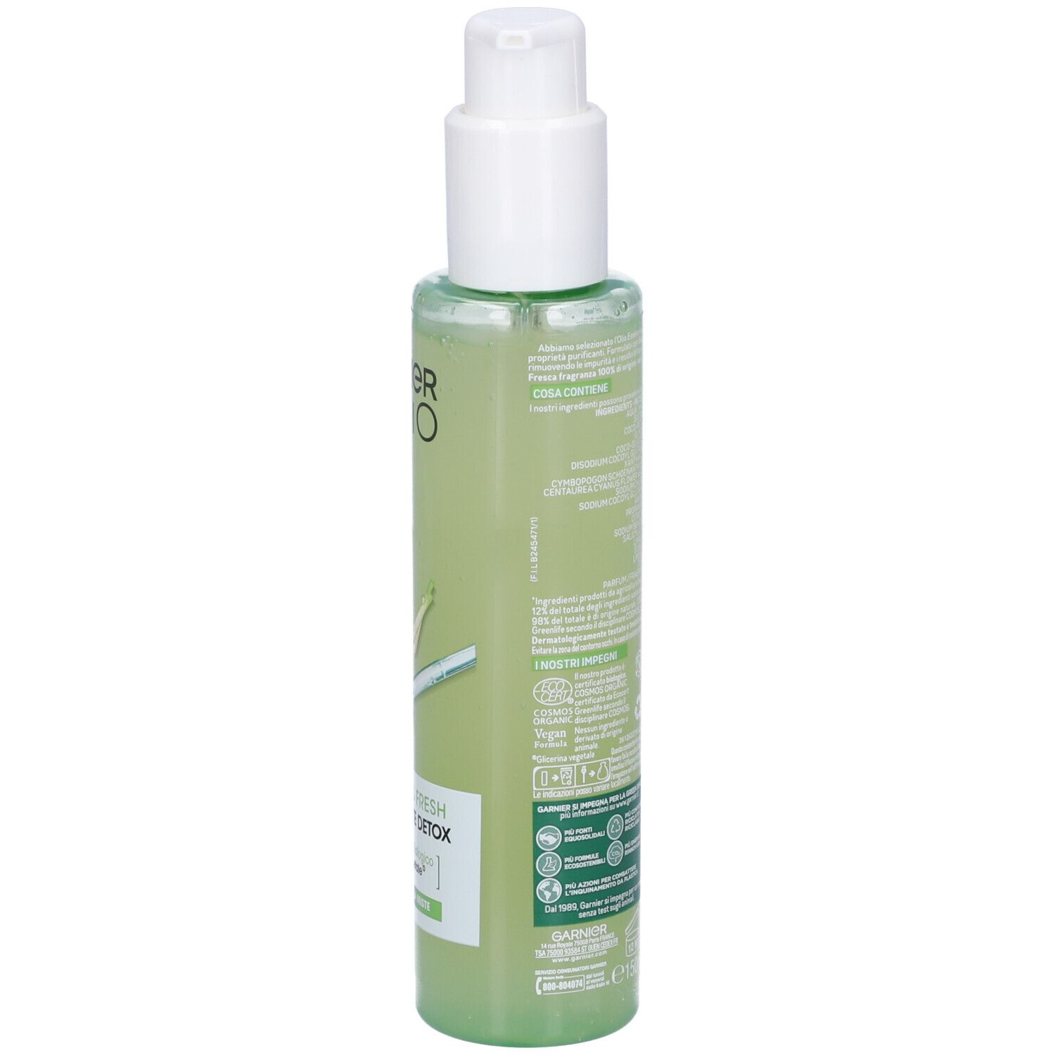 Flacone verde con dosatore bianco. Scritta Garnier Bio, Lemongrass Fresh, Gel Detergente Detox. Testo e loghi.