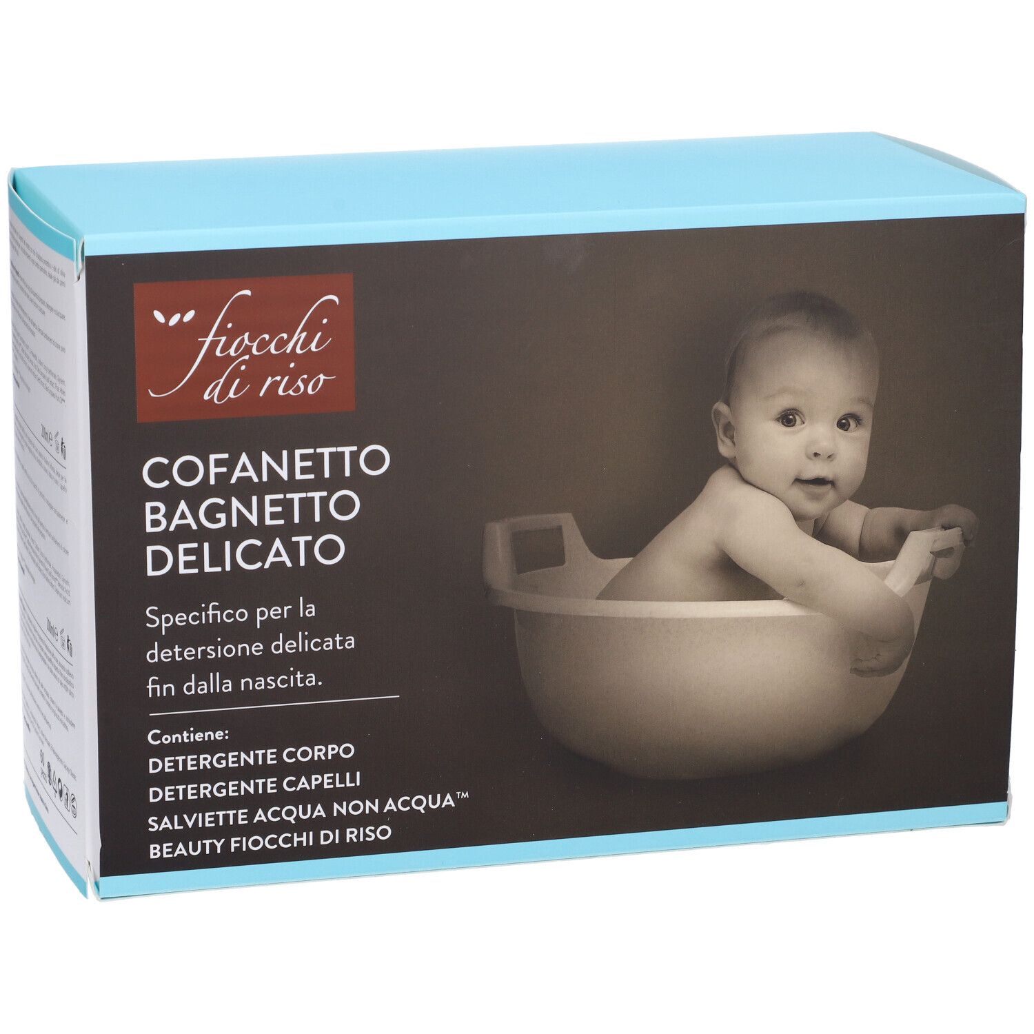 Scatola azzurra con nome prodotto e foto bambino. Contiene detergente corpo e capelli, e salviette.