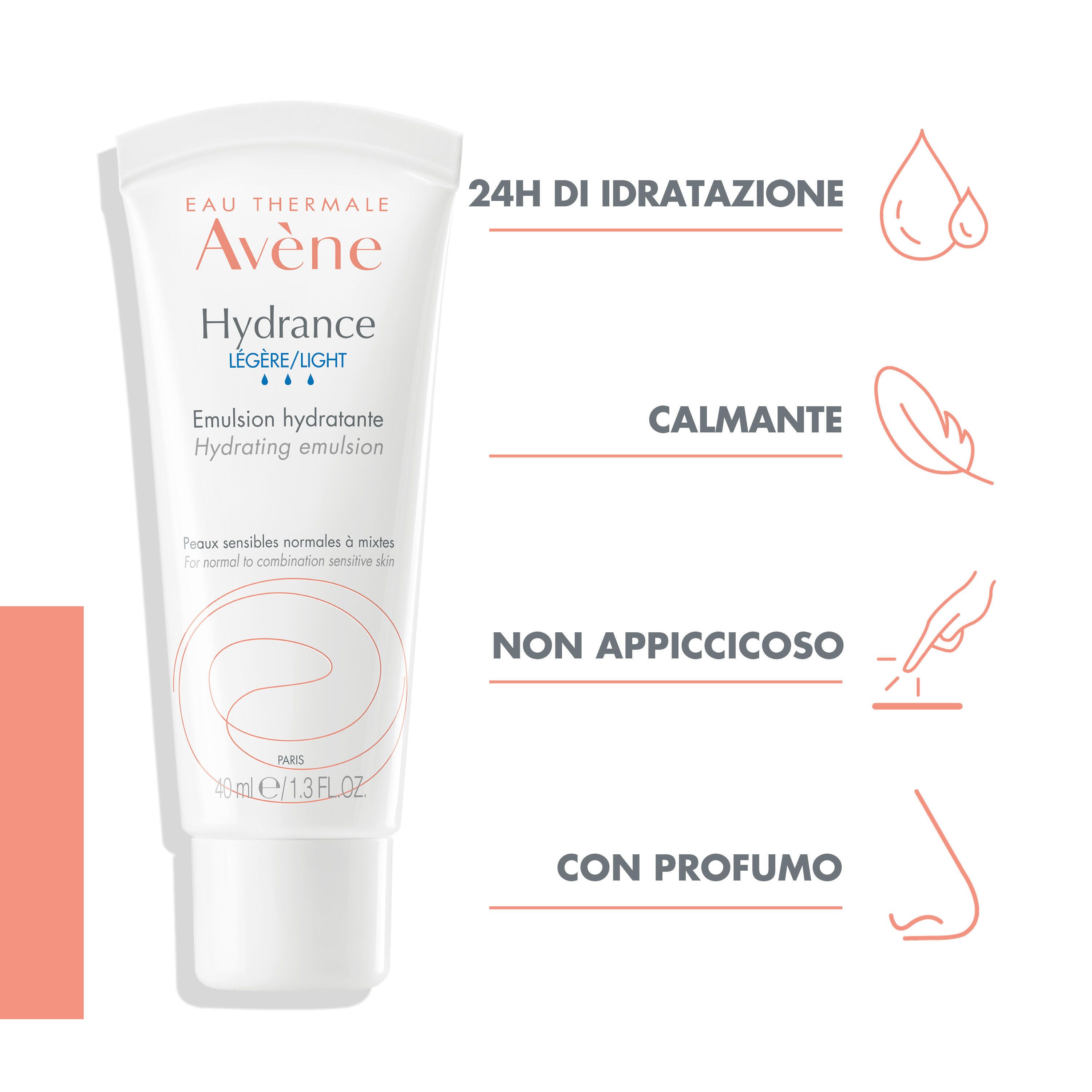 Tubo bianco con testo e icone. Icone: goccia, foglia, mano, naso. Testo: 24h di idratazione, calmante.