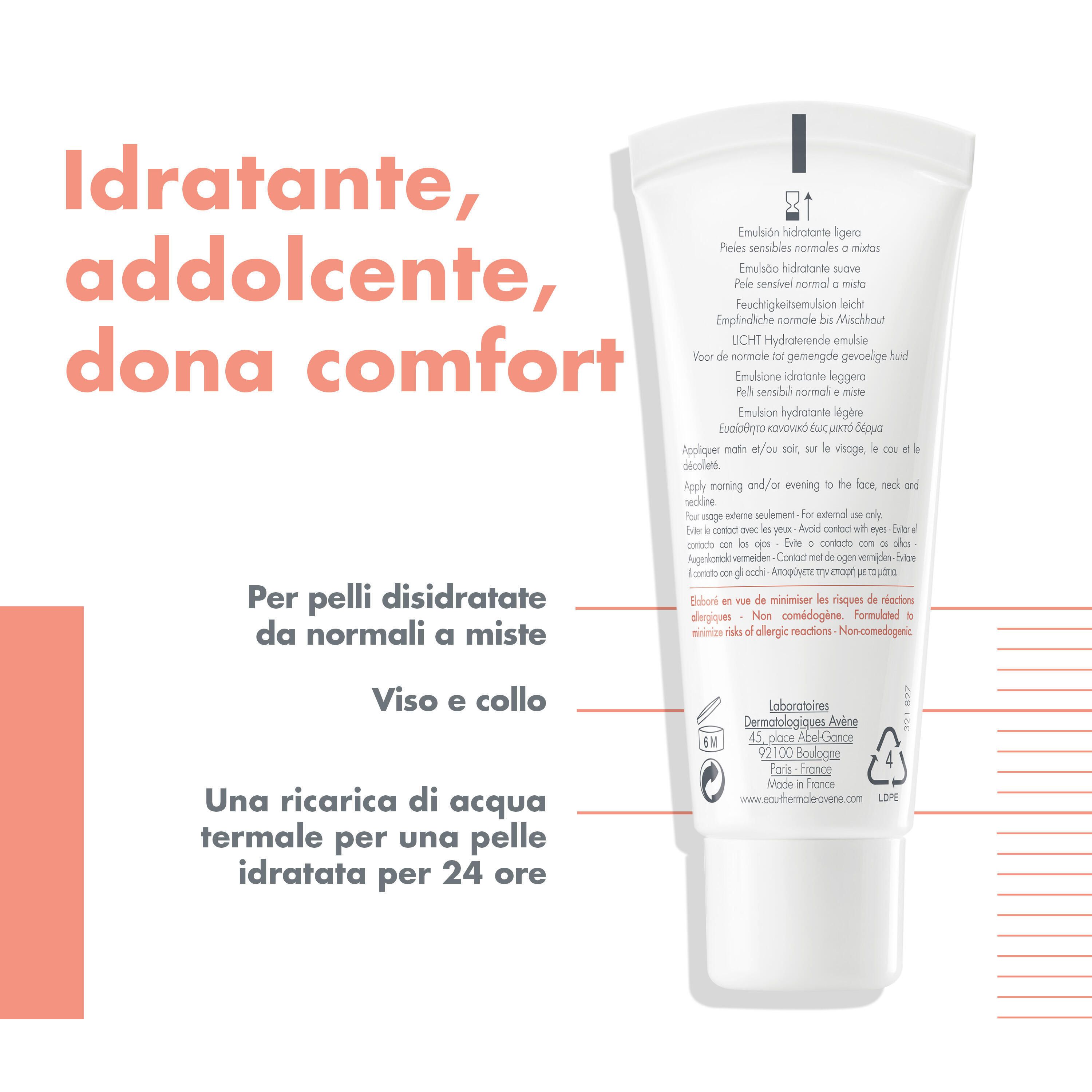 Retro del tubo. Testo multilingue. Testo: Idratante, addolcente, dona comfort.