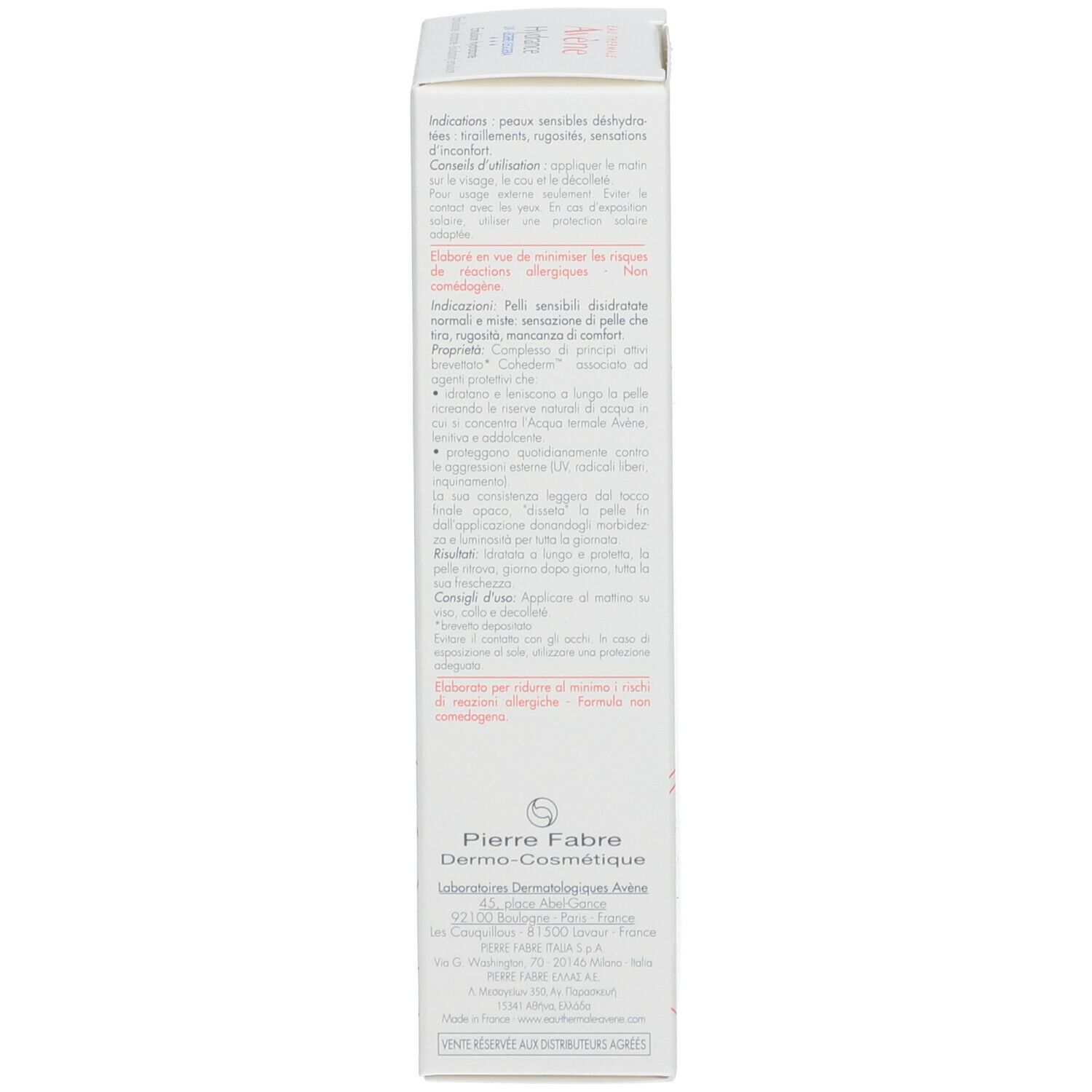 Lato della confezione Avène Hydrance. Testo multilingue, informazioni e simboli.