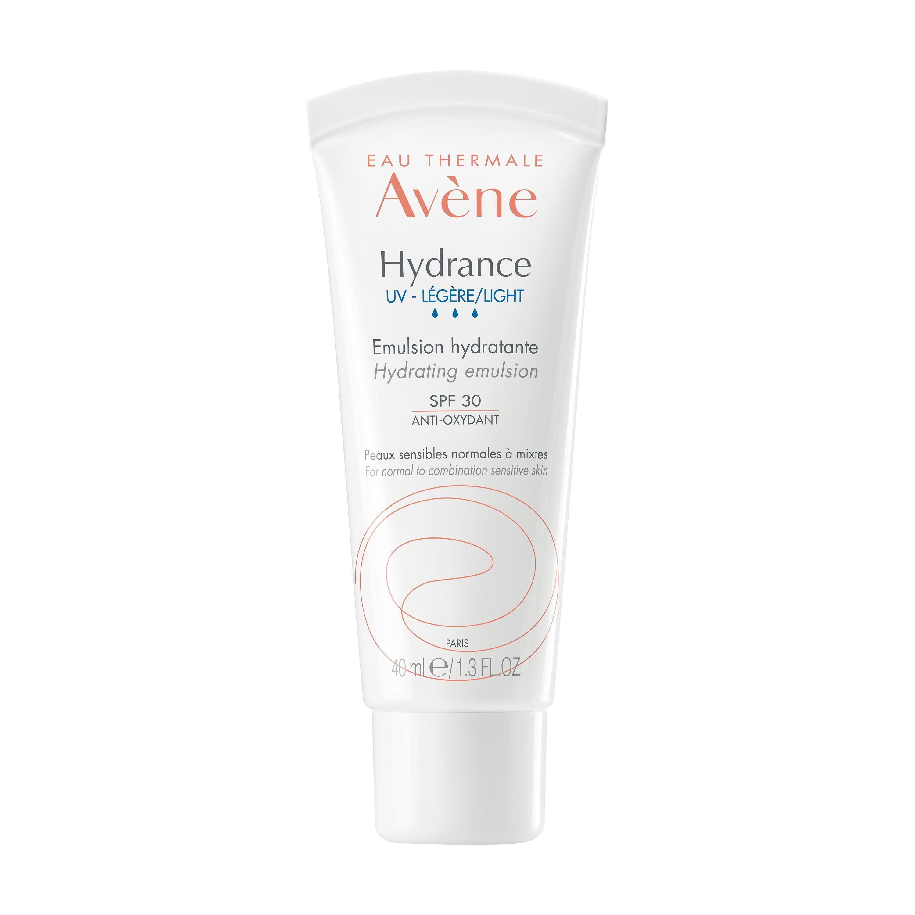 Avène Hydrance emulsione idratante leggera SPF 30. Tubo bianco con nome del prodotto e SPF 30.
